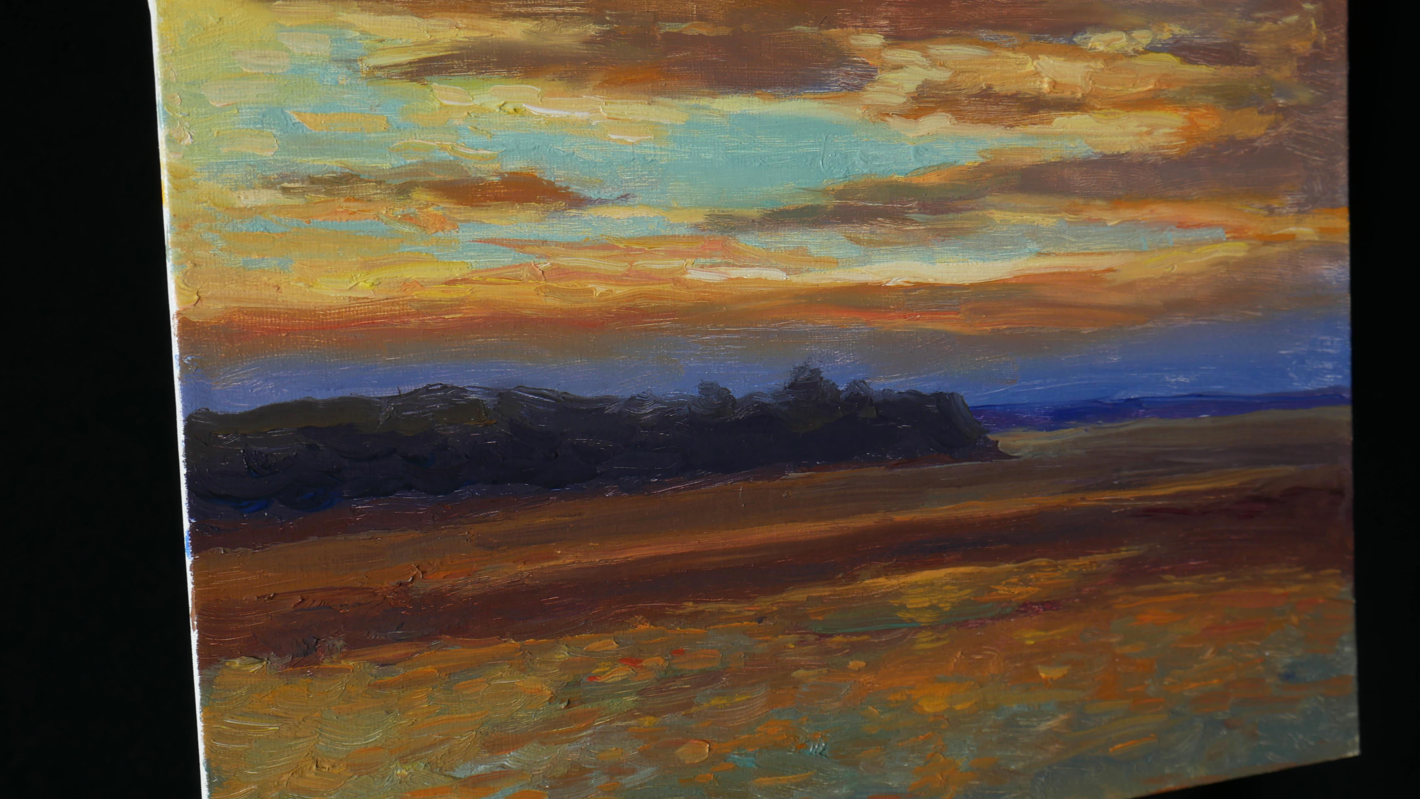 The Golden Sunset - original sunny landscape, painting - Impressionist Painting by Nikolay Dmitriev