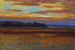The Golden Sunset - paysage original ensoleillé, peinture