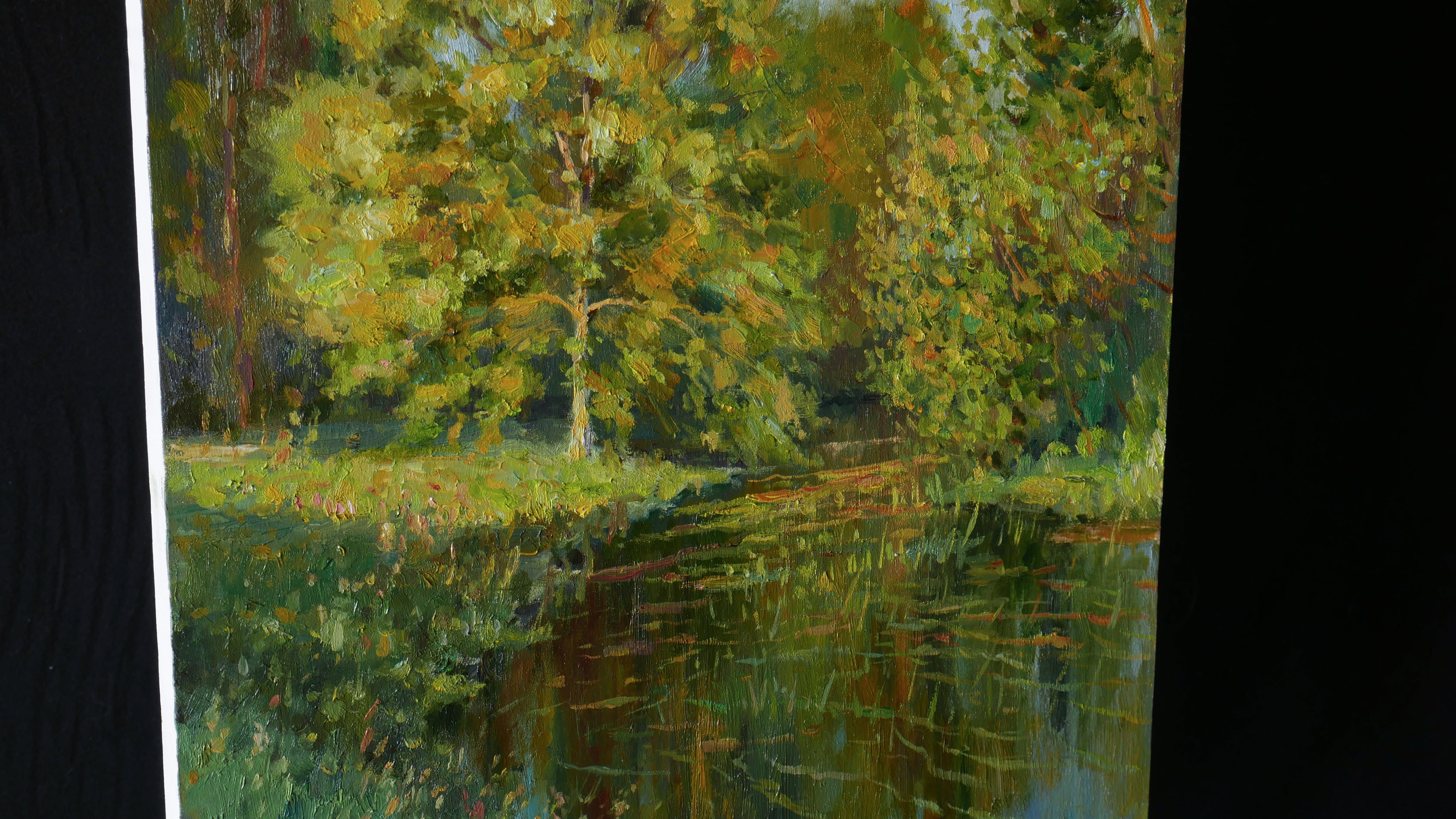 A sunny summer impressionistic landscape is painted en plein air, the artwork is created in different green colours, combinations of warm and cold shades are professionally captured by the artist. The bright and lively painting is a wonderful