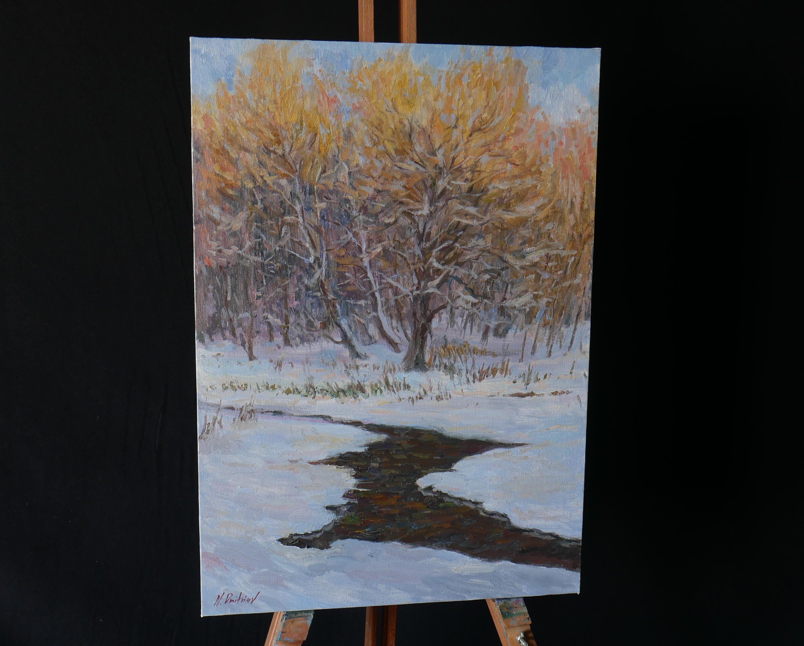 The Latest Touches Of The Winter Sun - winter river landscape painting - Painting by Nikolay Dmitriev