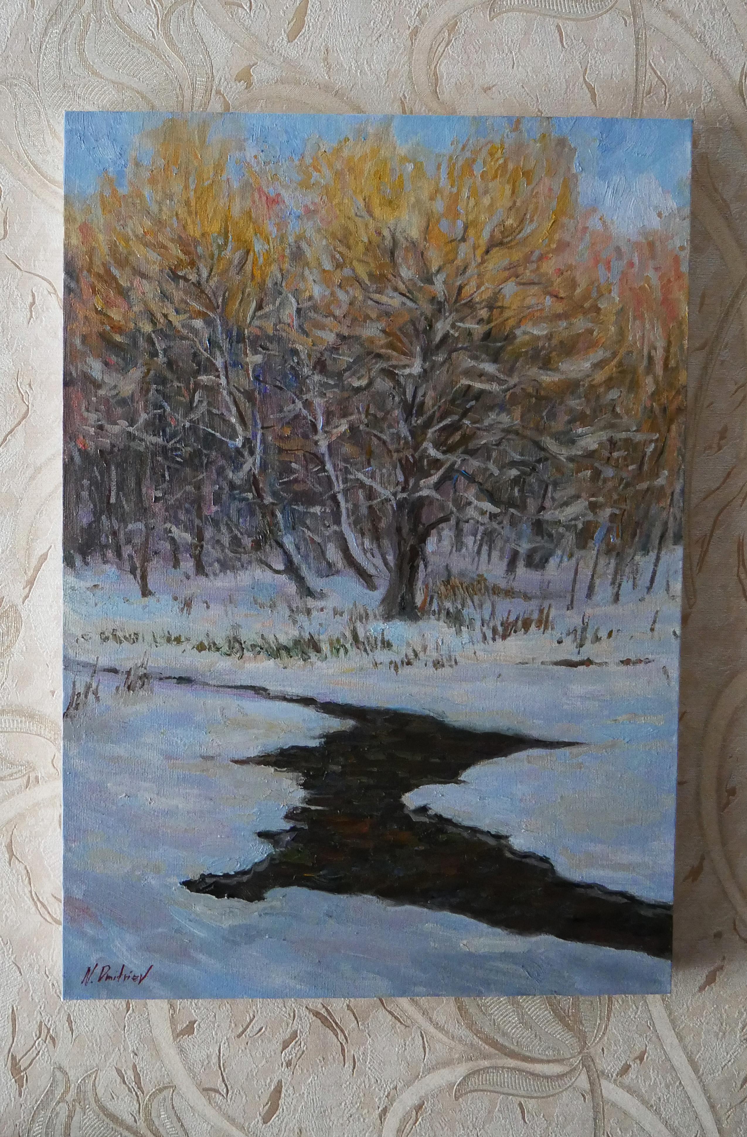 The dark spot of the river looks beautiful against the background of light snow. Sunlit treetops with warm sunlight and the blue hues of the snow create the atmosphere of a winter evening.

The painting is author's and original. It is signed on the