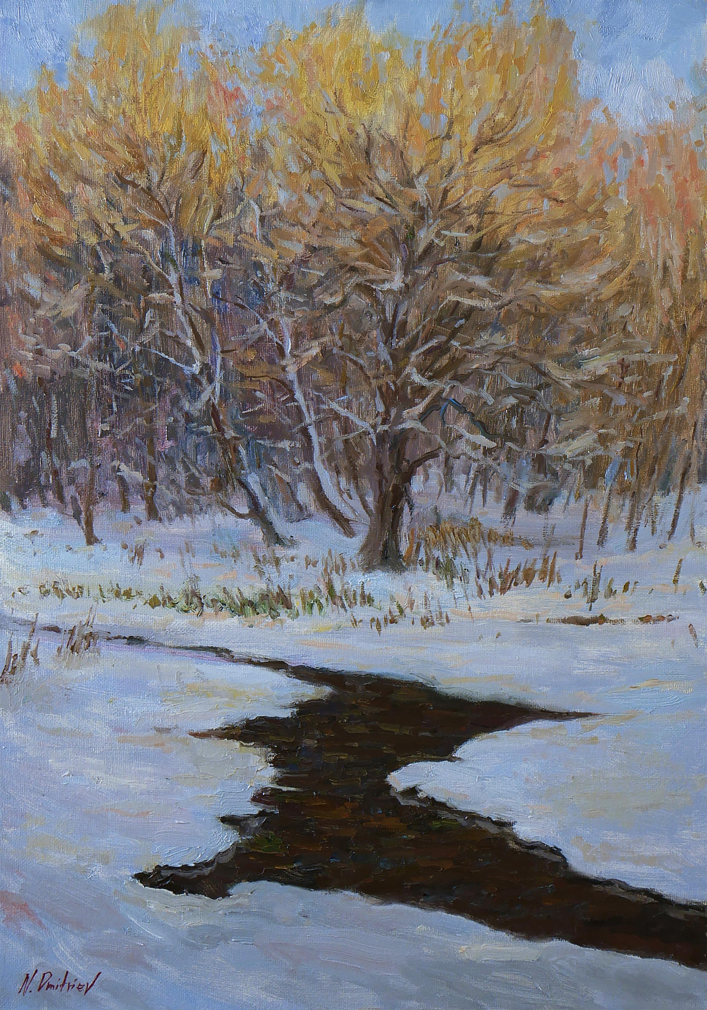 Nikolay Dmitriev Landscape Painting – The Latest Touches Of The Winter Sun - Winter- Flusslandschaftsgemälde