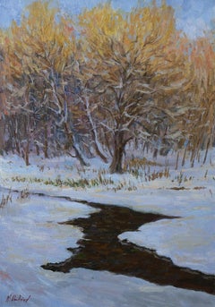 Les dernières touches du soleil d'A Winter - peinture paysage rivière d'hiver
