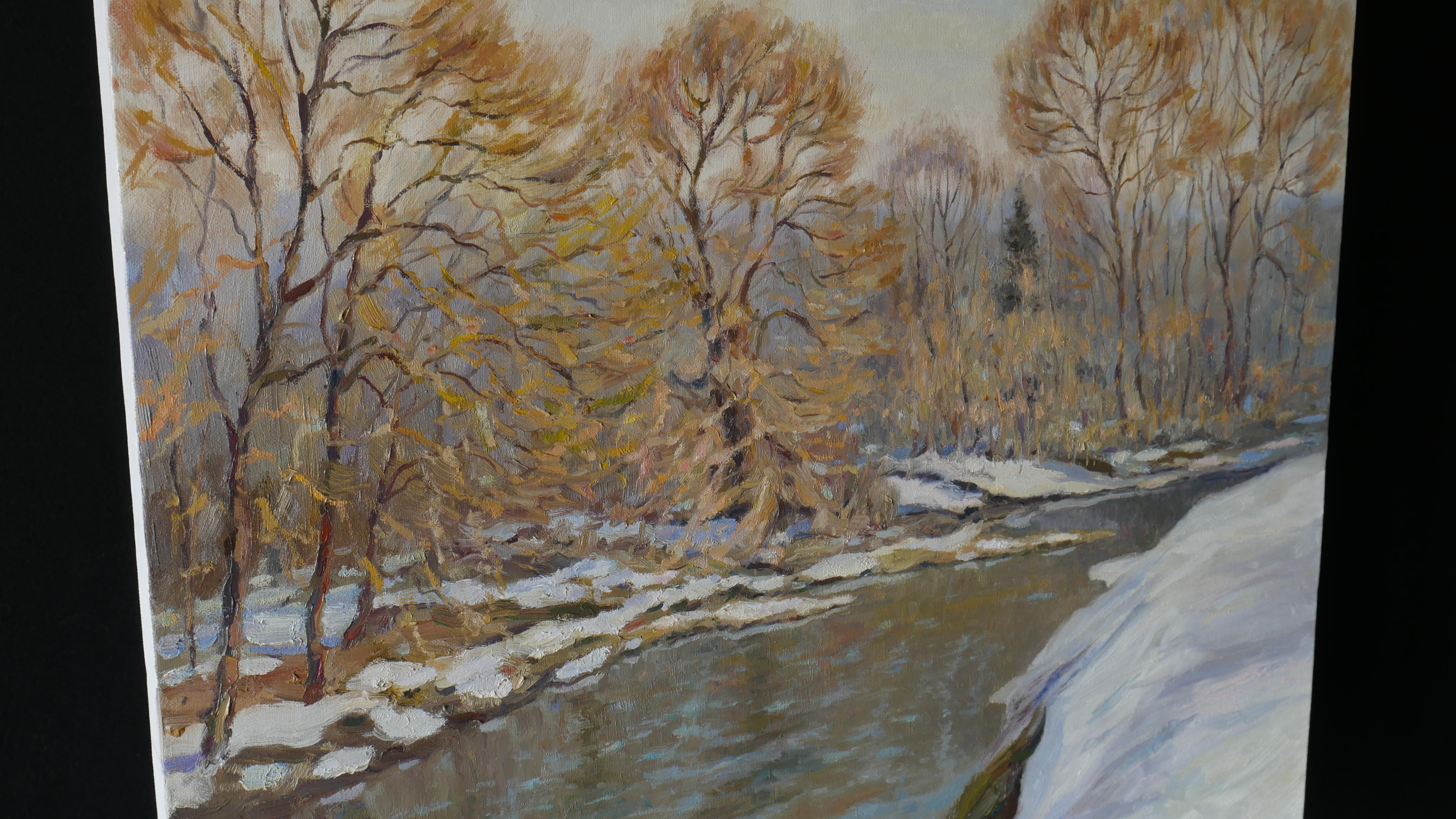 Le paysage impressionniste ensoleillé avec une rivière et la dernière neige est une décoration d'intérieur belle, vivante et légère, la peinture en plein air est créée dans des couleurs douces et agréables.
Les derniers jours de l'hiver sont