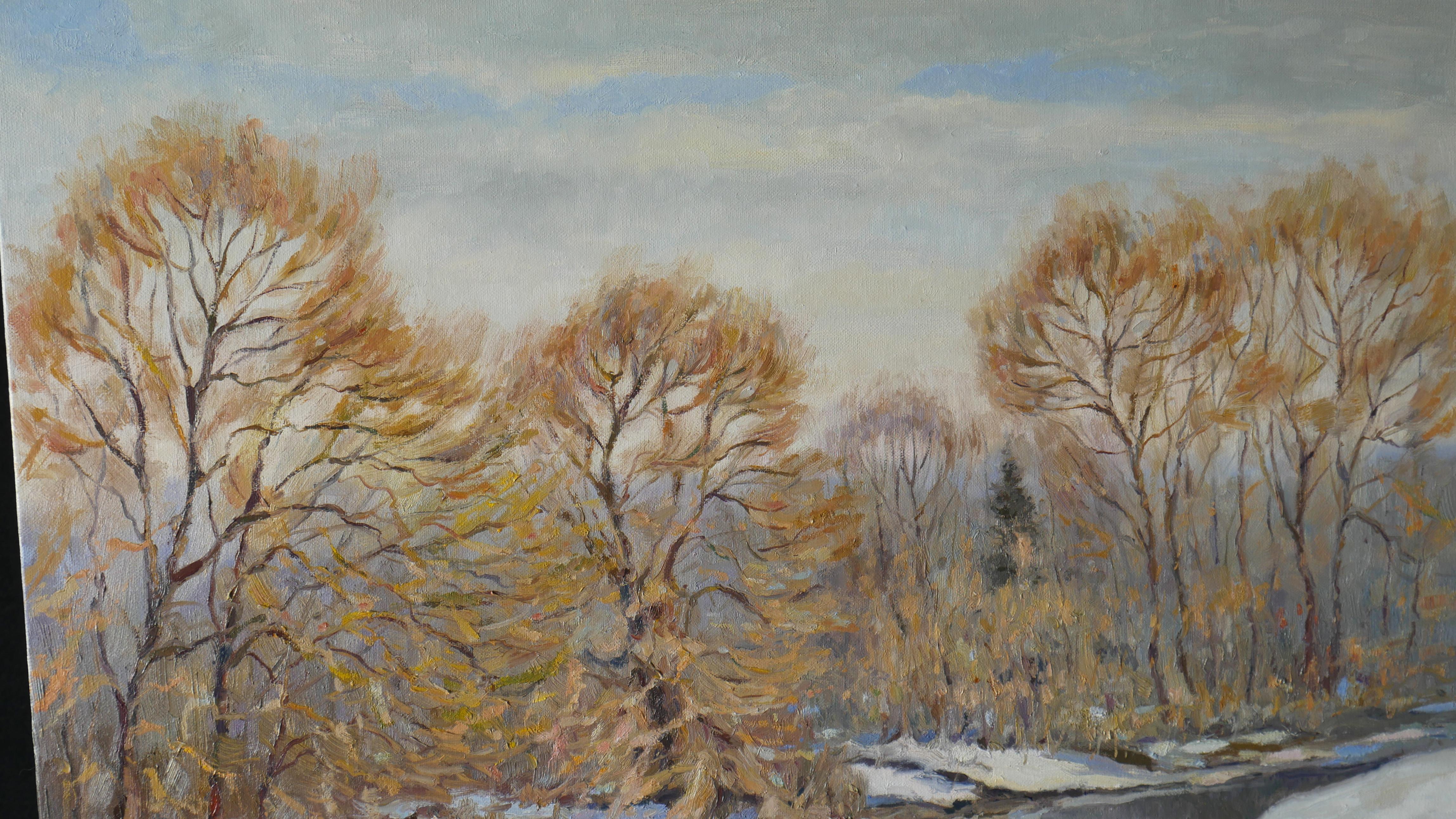 Il paesaggio impressionistico soleggiato con un fiume e l'ultima neve è una decorazione d'interni bella, vivace e leggera; il dipinto plein air è realizzato con colori tenui e piacevoli.
Gli ultimi giorni d'inverno sono bellissimi. Nikolay non perde