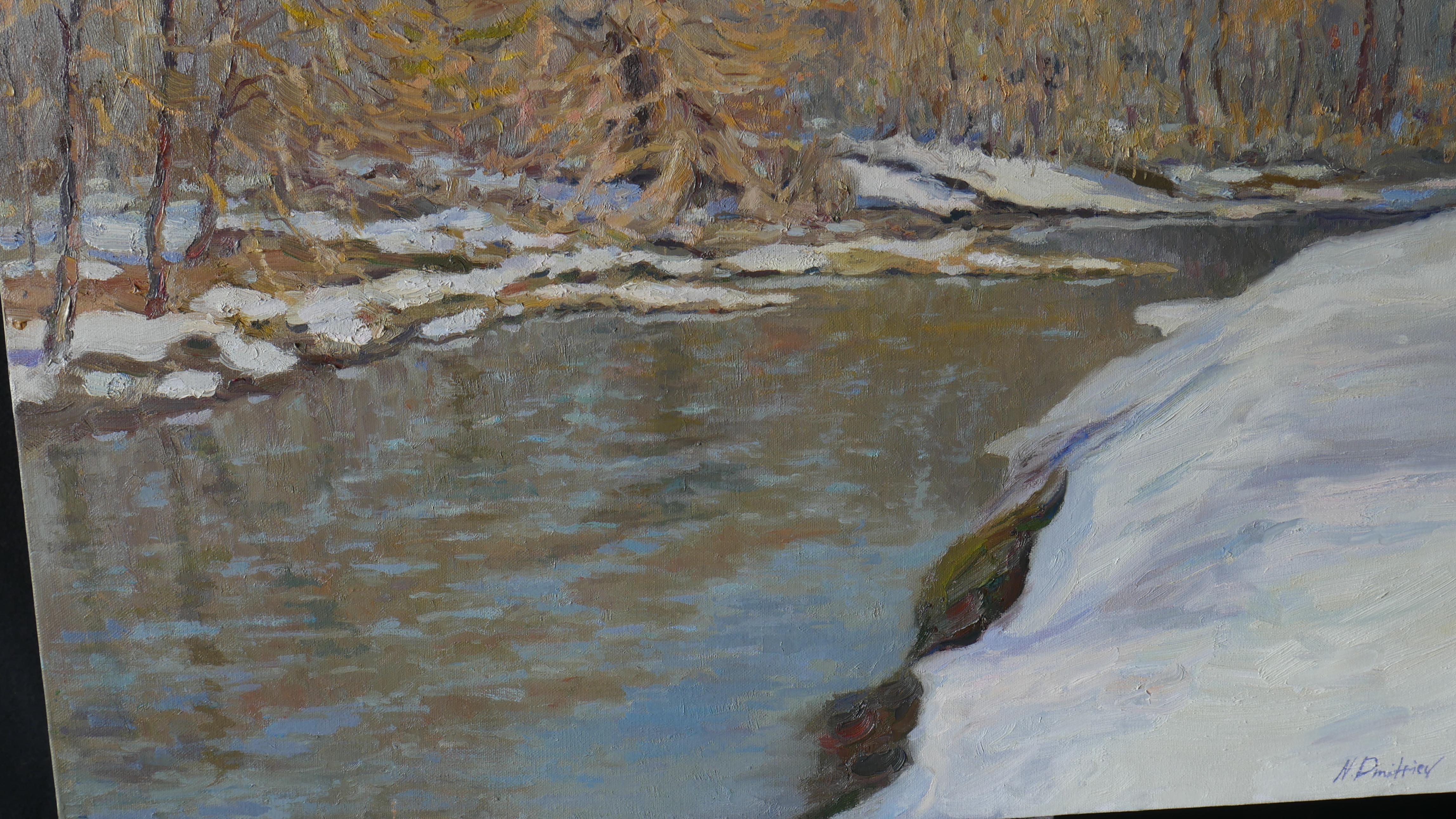 La luce della giornata di primavera - pittura di paesaggio fluviale in vendita 4
