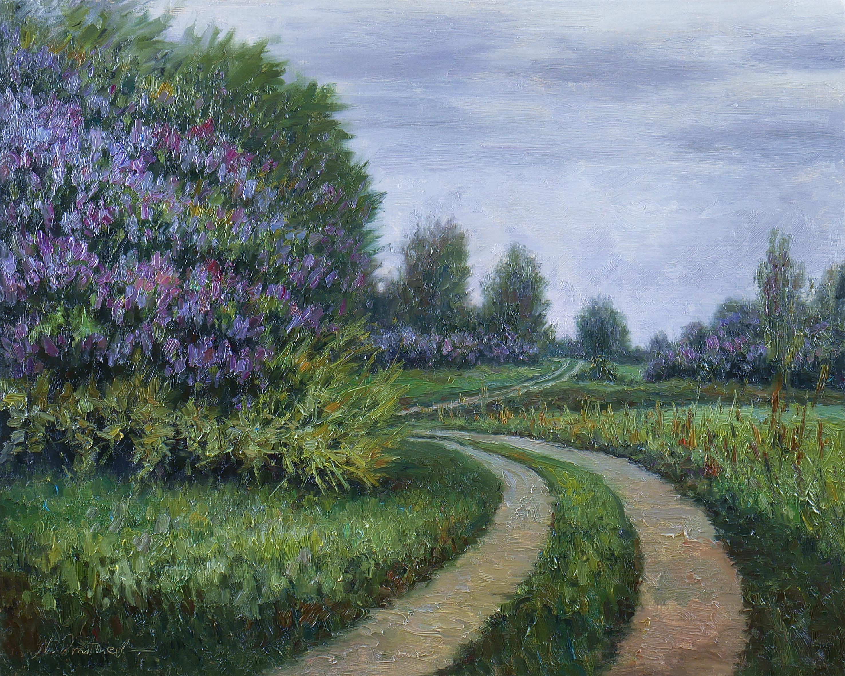 Nikolay Dmitriev Interior Painting – Flieder Road – Frühlings-Landschaftsgemälde