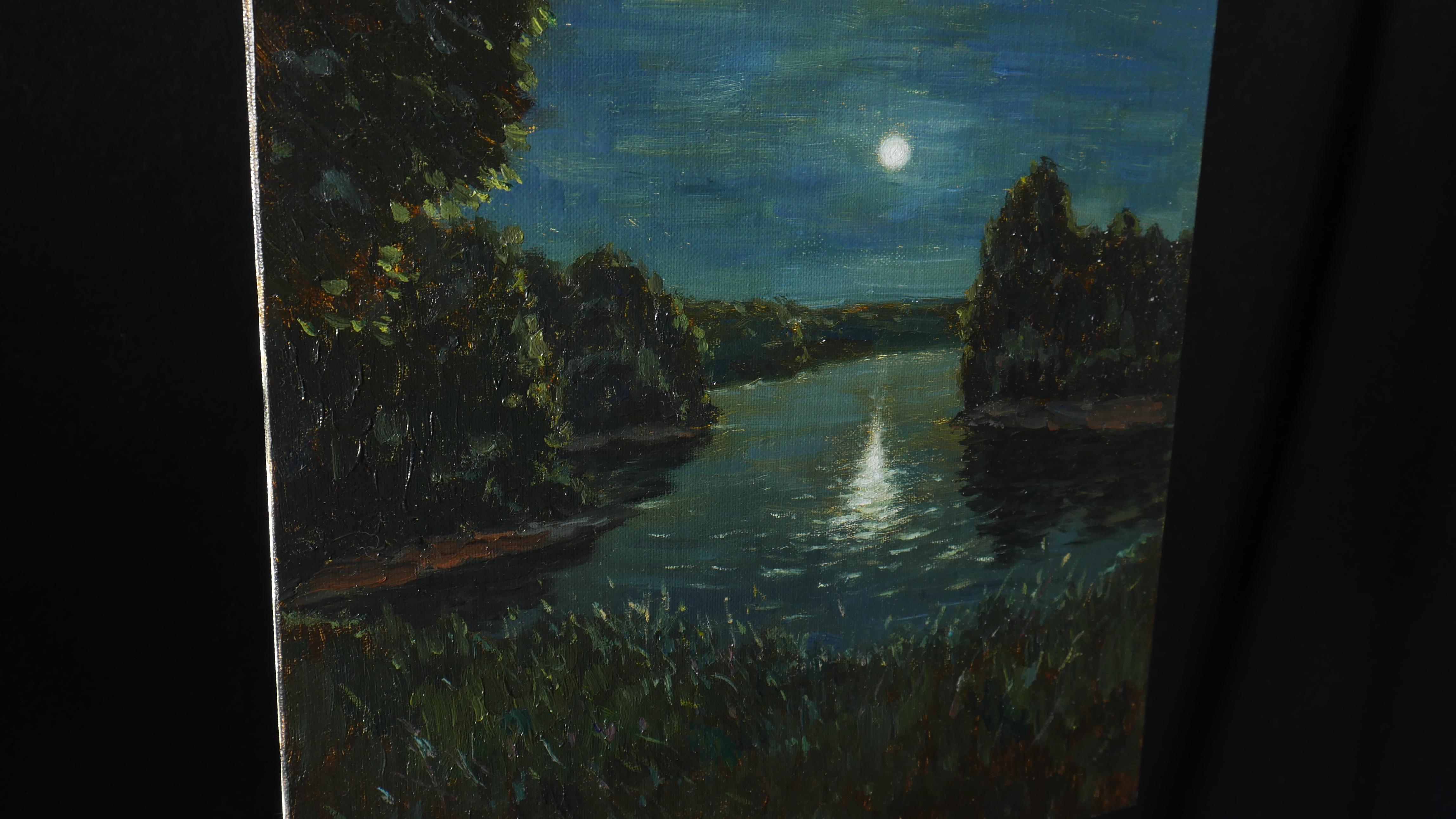 The Lunar Night - original summer landscape, painting - Impressionist Painting by Nikolay Dmitriev