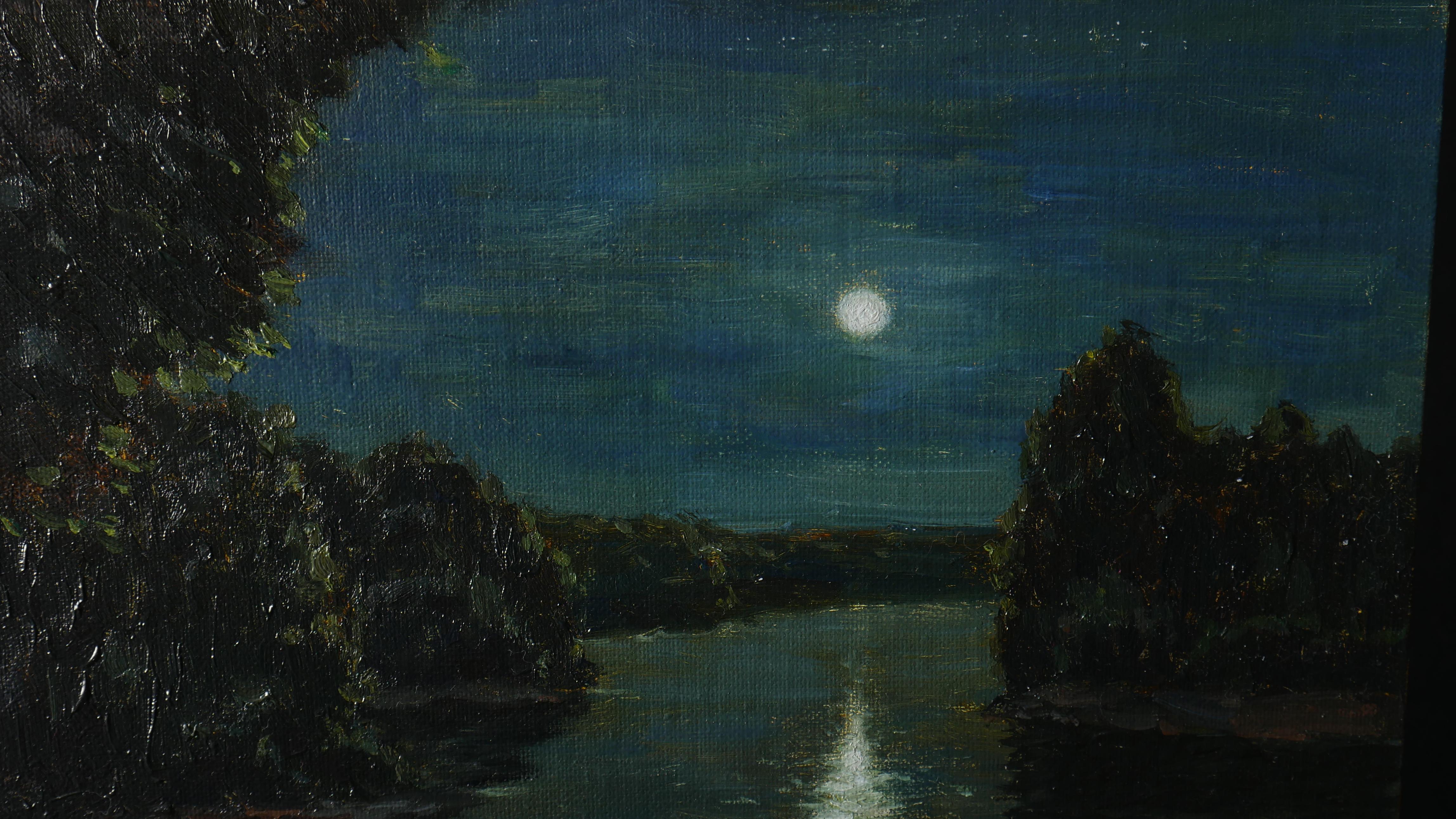 A summer night landscape with the Moon, forest lake and reflection in water is a beautiful decoration for any interior. The painting is created en plein-air in one of favourite artist's place. The play of cold shades bewitches and creates a unique