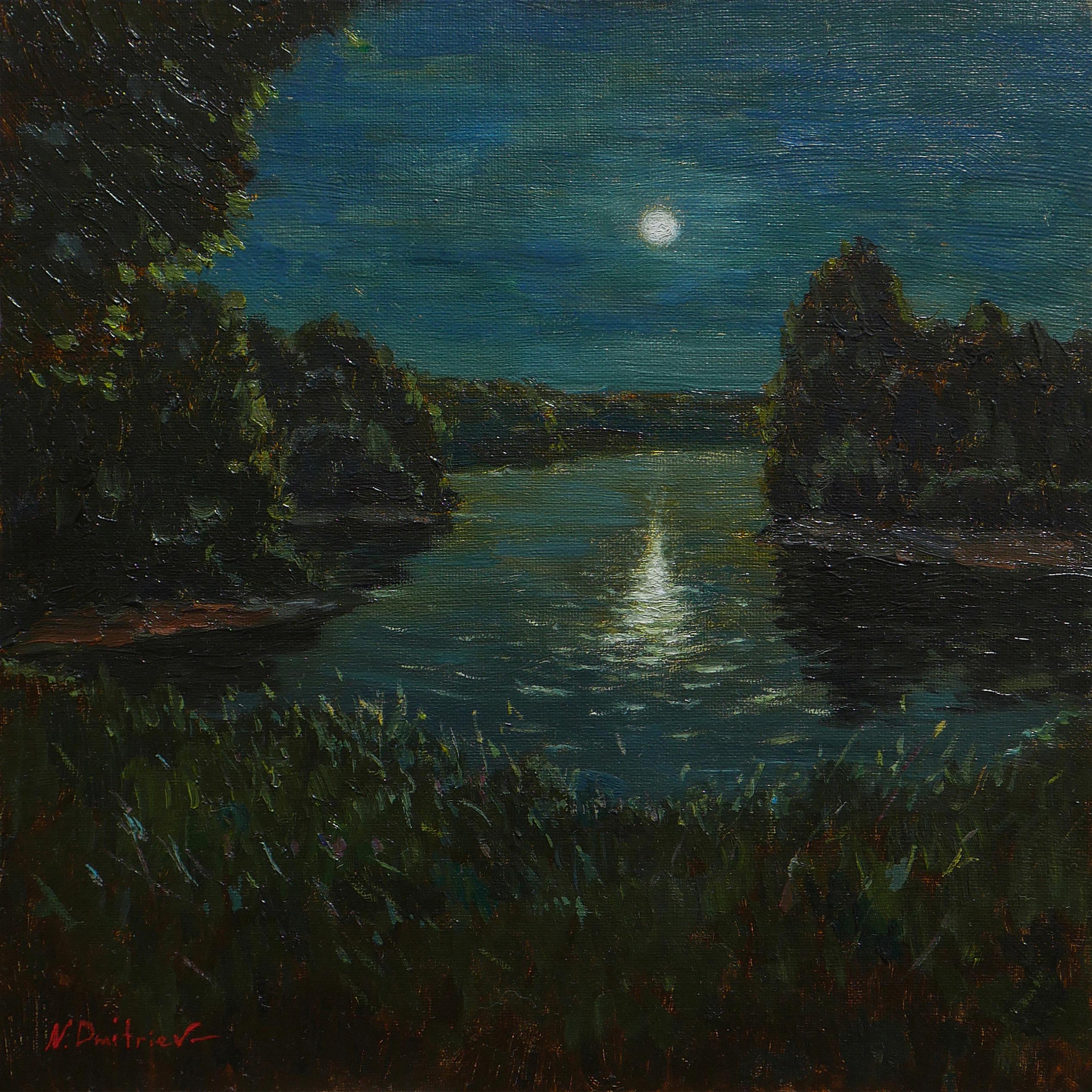 Interior Painting di Nikolay Dmitriev - La notte lunare - dipinto originale di un paesaggio estivo