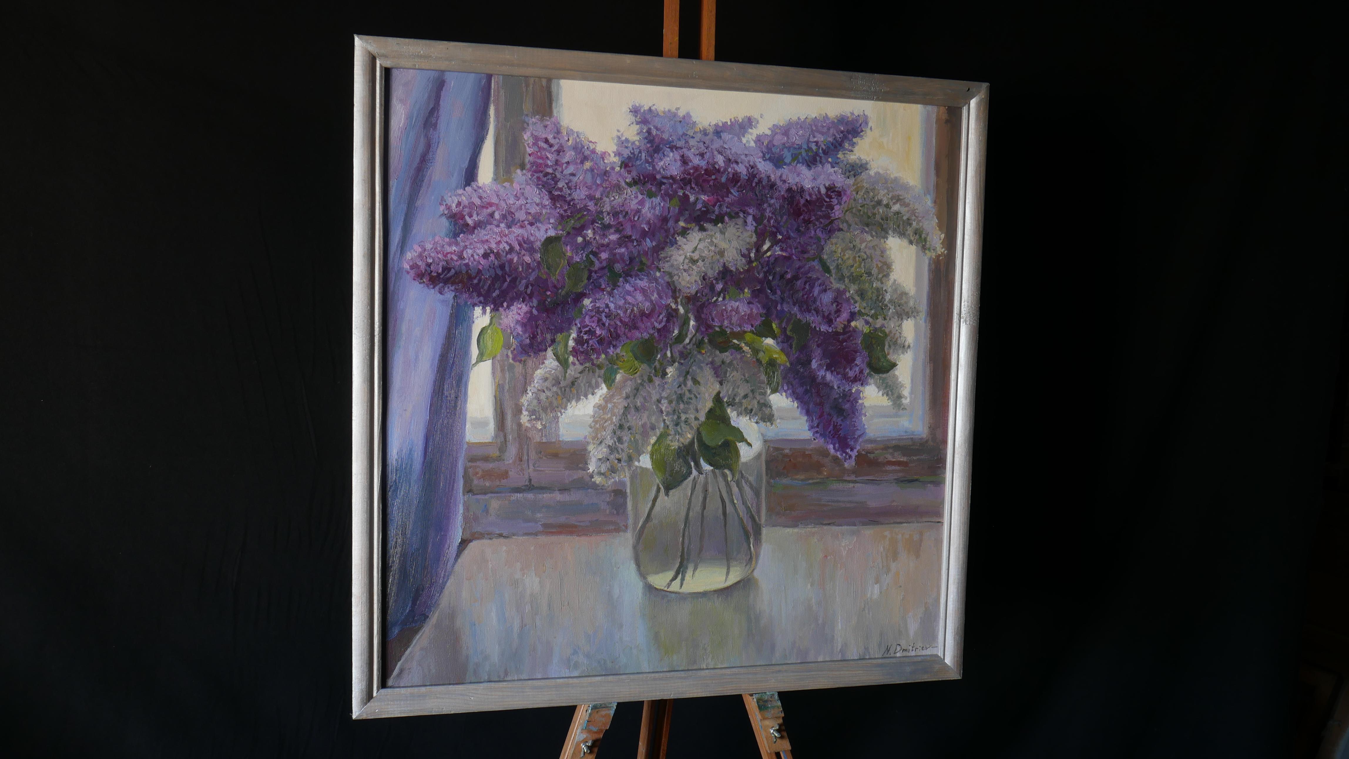 The Lush Bouquet Of Lilacs Near The Light Window - lilacs still life painting - Impressionist Painting by Nikolay Dmitriev