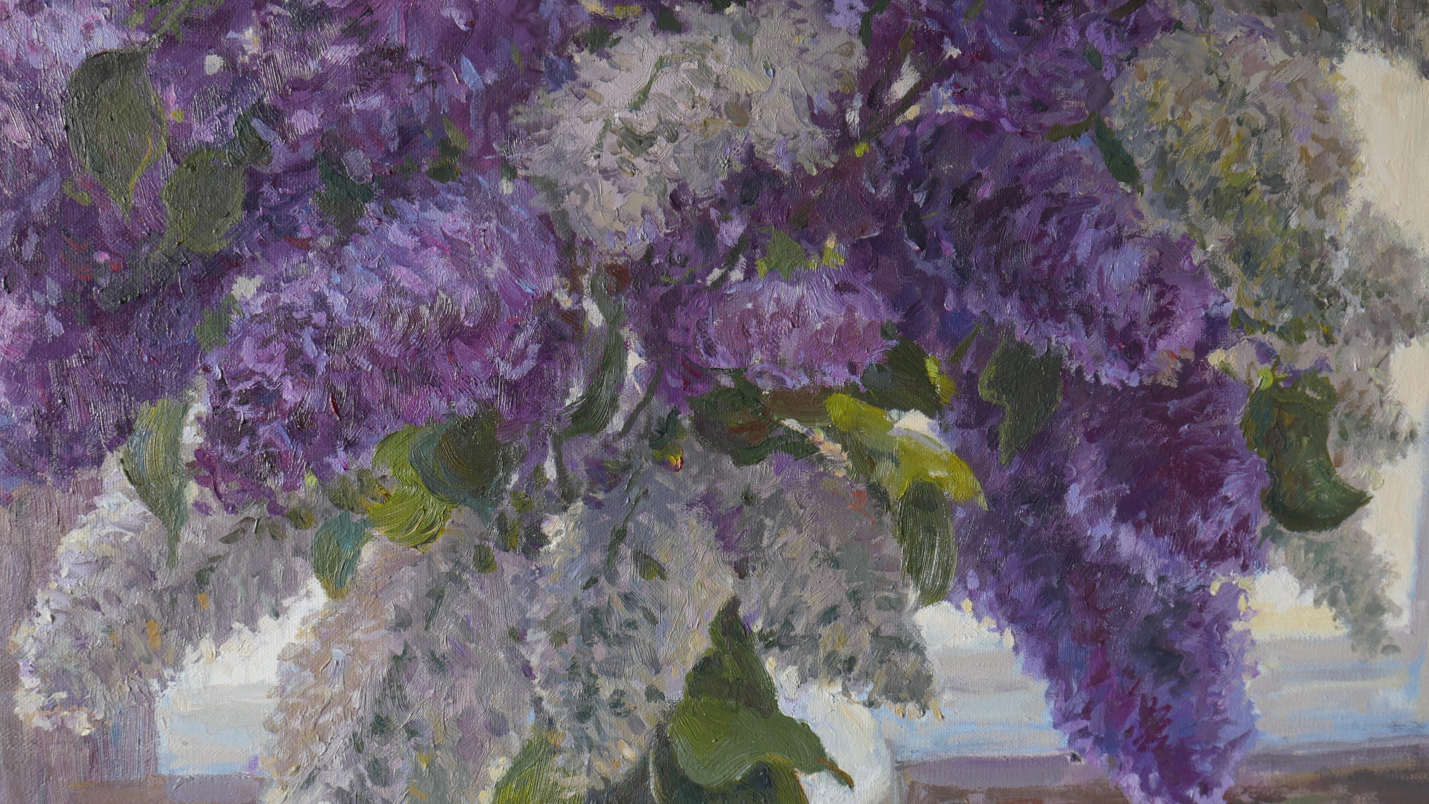 The Lush Bouquet Of Lilacs Near The Light Window - lilacs still life painting For Sale 2