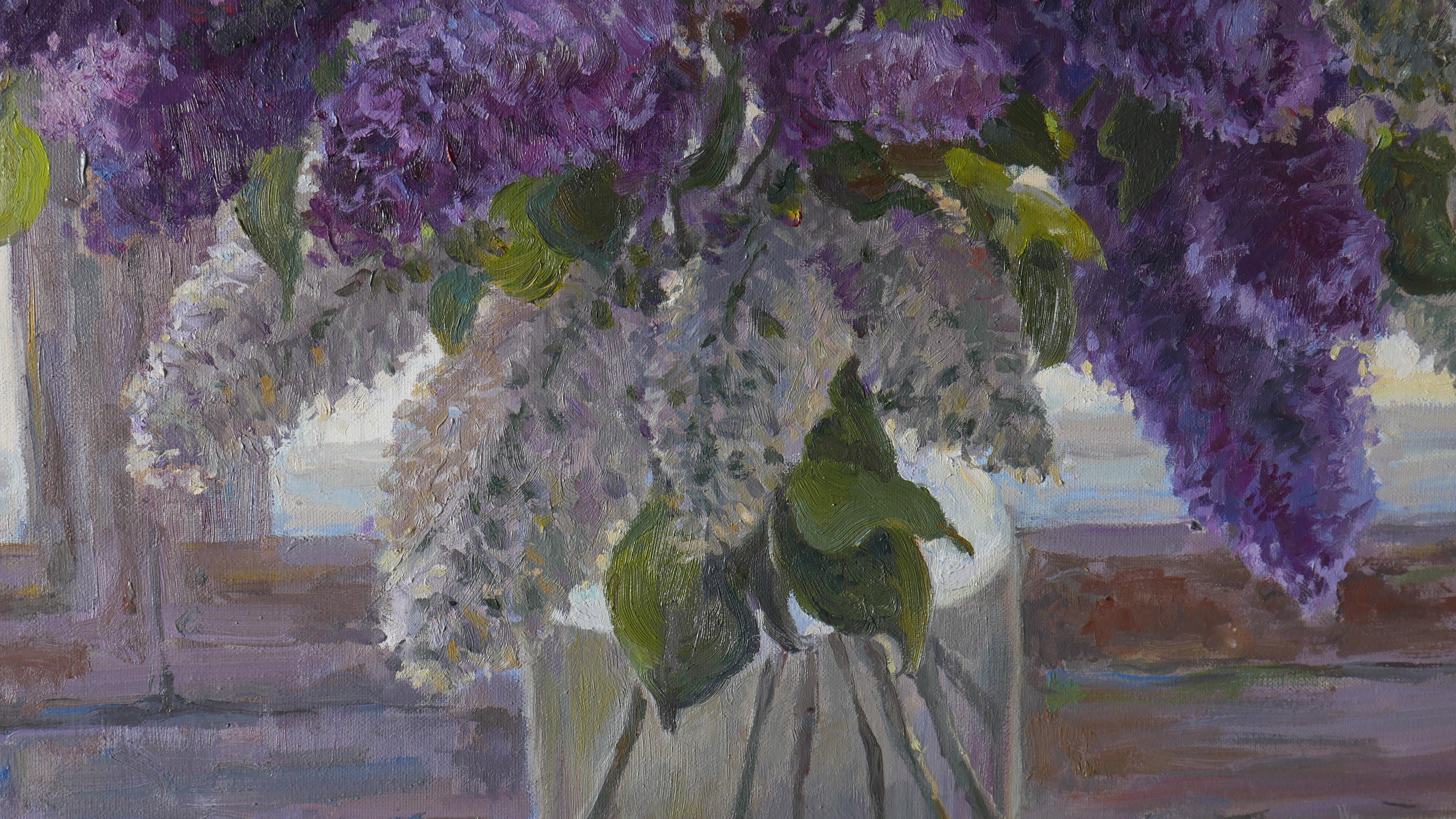 The Lush Bouquet Of Lilacs Near The Light Window - lilacs still life painting For Sale 3