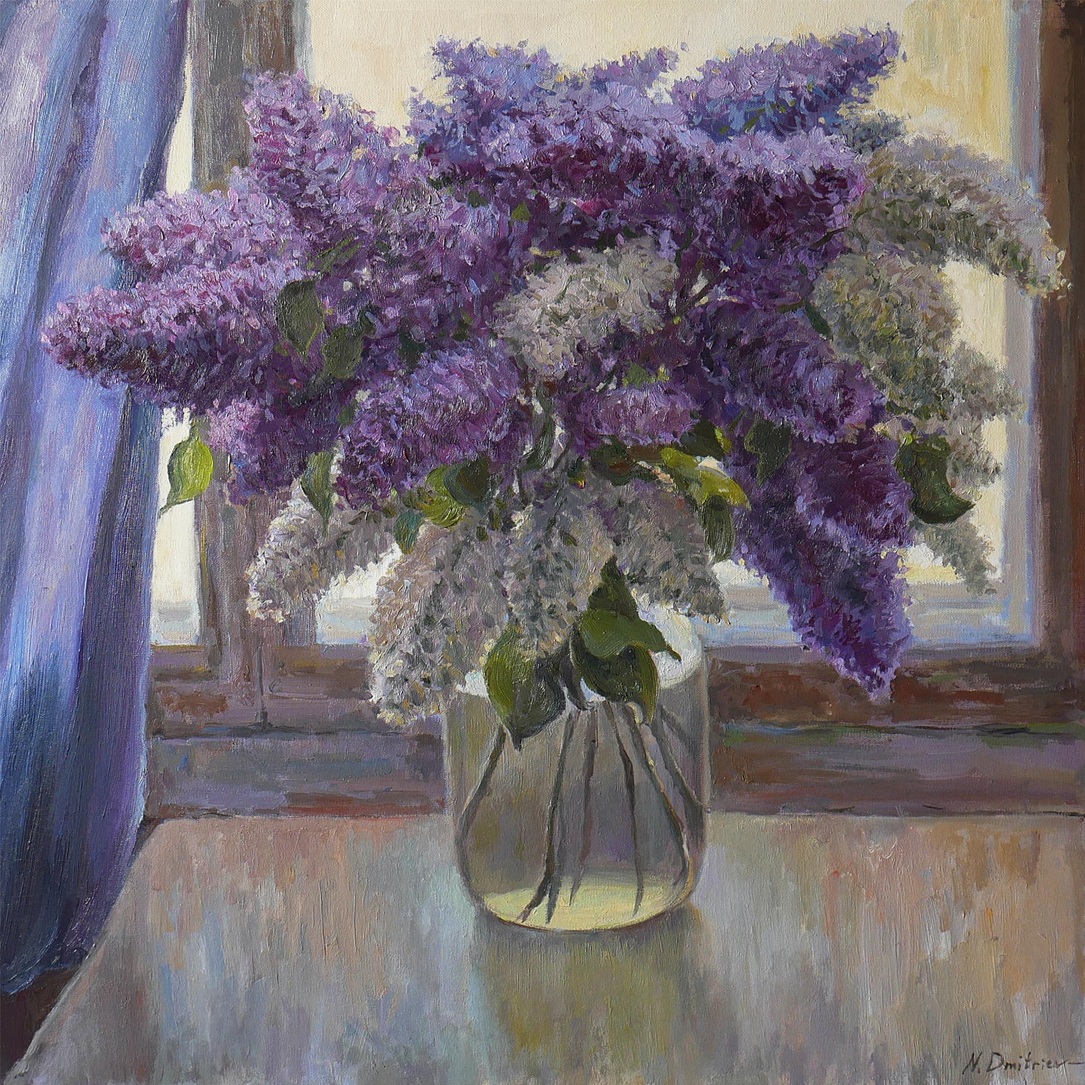Nikolay Dmitriev Still-Life Painting - The Lush Bouquet Of Lilacs Near The Light Window - lilacs still life painting
