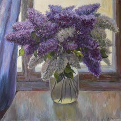 Used The Lush Bouquet Of Lilacs Near The Light Window - lilacs still life painting