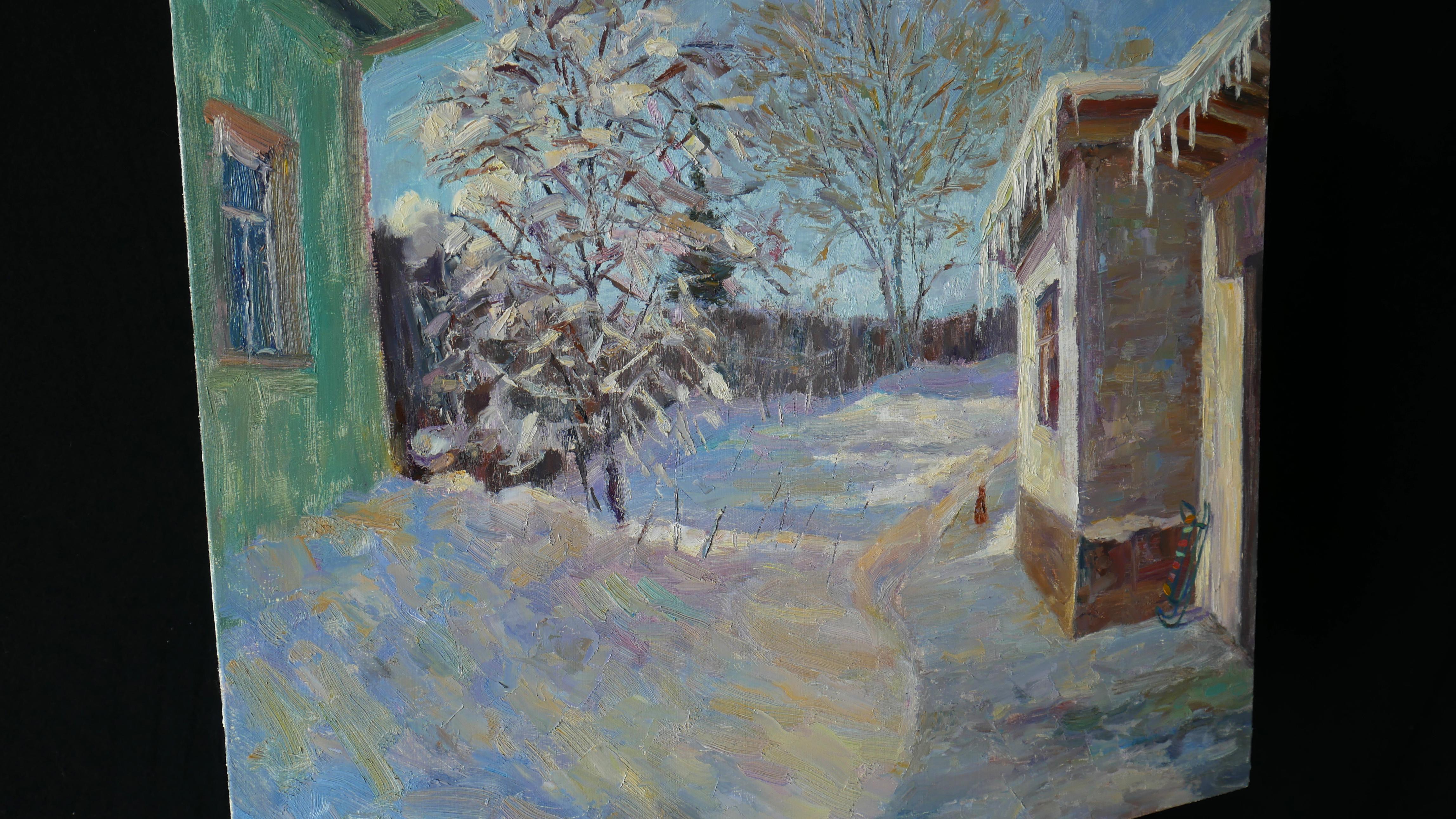The March Yard - sunny snowy landscape painting - Impressionist Painting by Nikolay Dmitriev