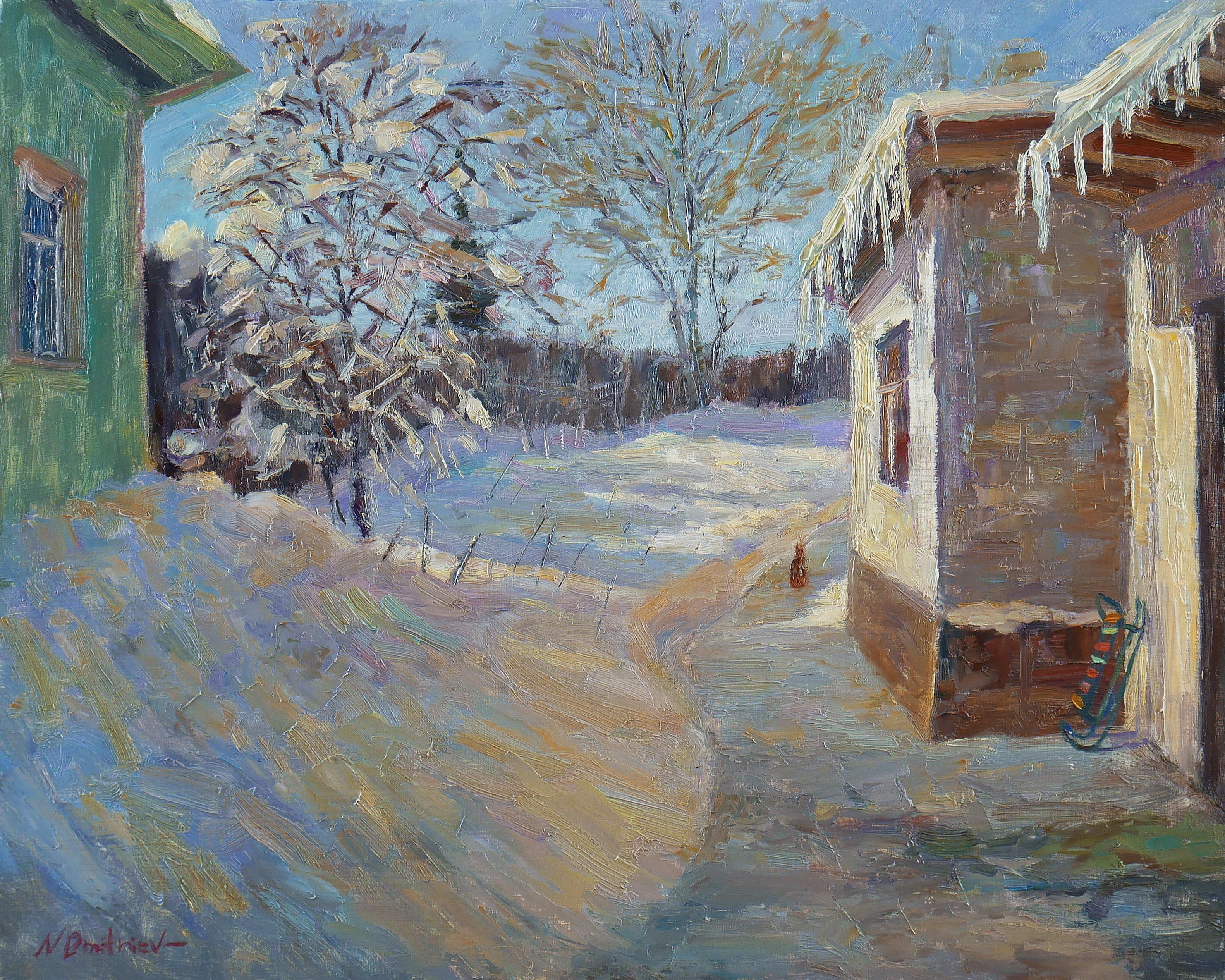 Nikolay Dmitriev Interior Painting – March Yard – sonniges Schneelandschaftsgemälde