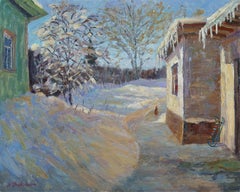 The March Yard - peinture de paysage neige ensoleillée