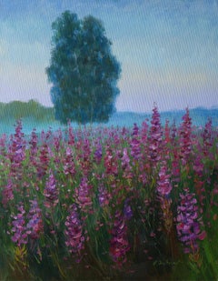 The Morning Over The Fireweed Field - peinture de paysage d'été