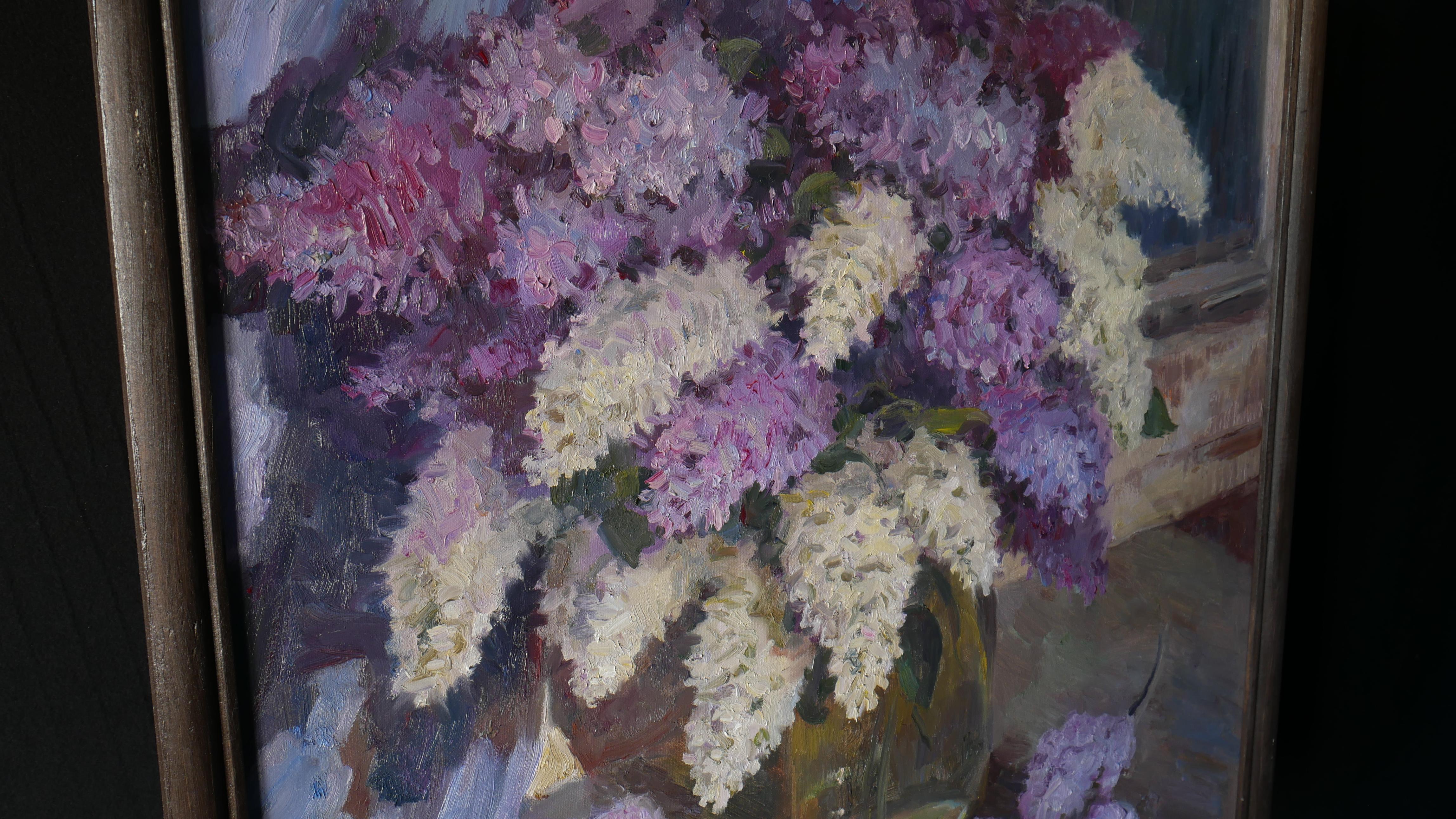 The night still life with a bouquet of lilacs will become a remarkable and modern home decoration, blooming lilacs branches always decorates any house interior, the impressionistic artwork is created in purple colours. Lilacs are favourite floral