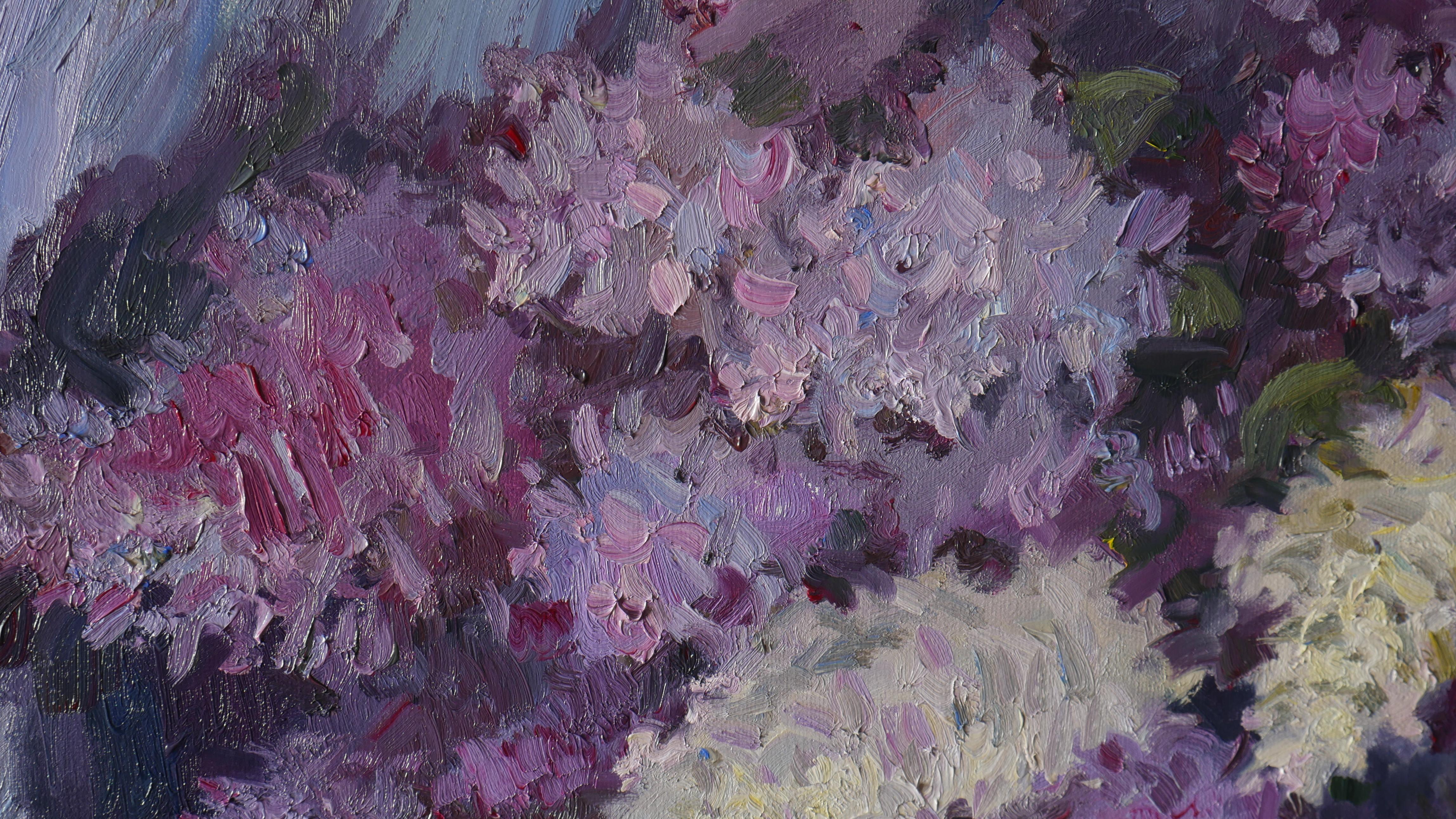 The night still life with a bouquet of lilacs will become a remarkable and modern home decoration, blooming lilacs branches always decorates any house interior, the impressionistic artwork is created in purple colours. Lilacs are favourite floral