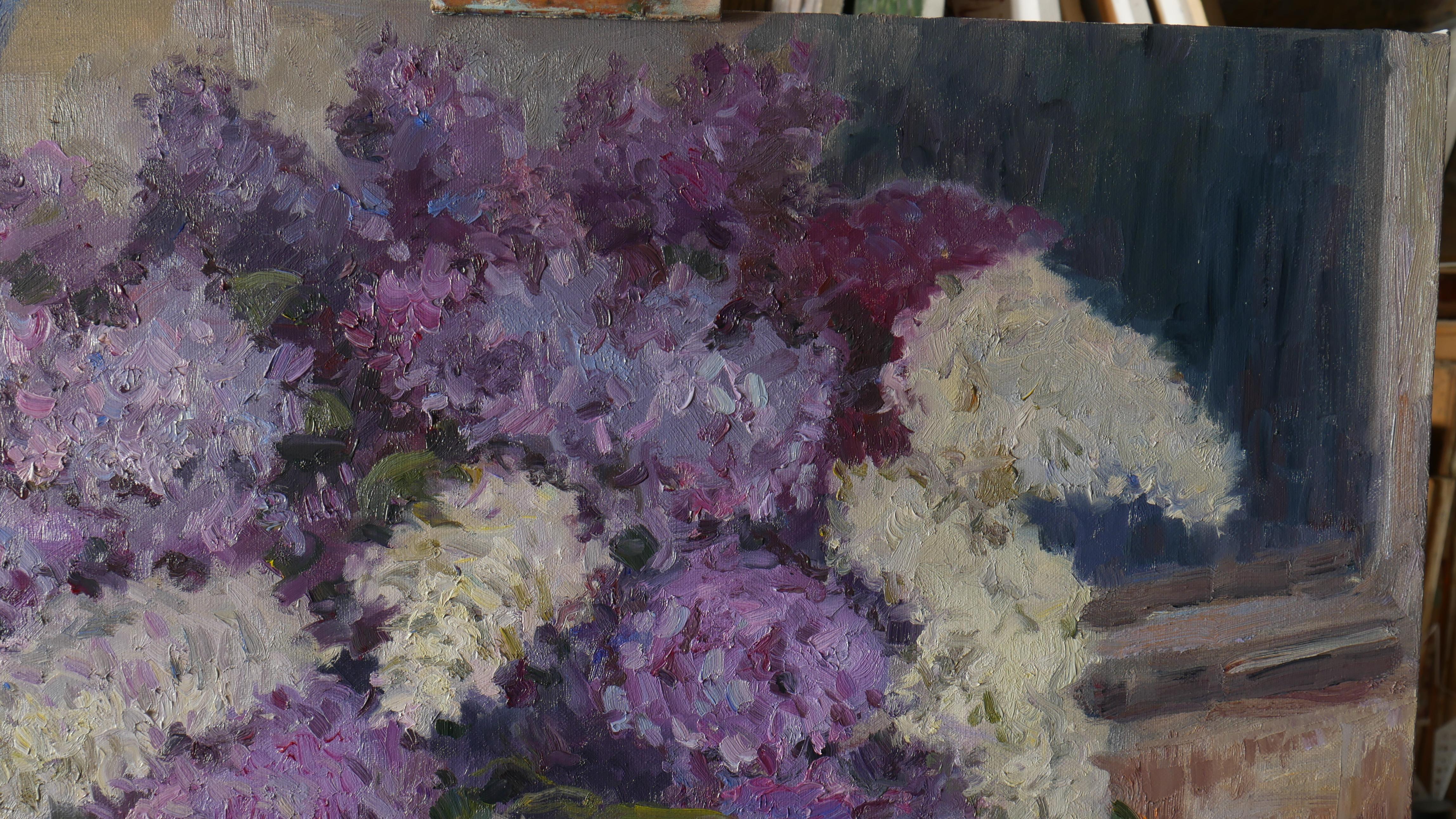 El Ramo Nocturno De Lilas - pintura de bodegón de lilas en venta 2