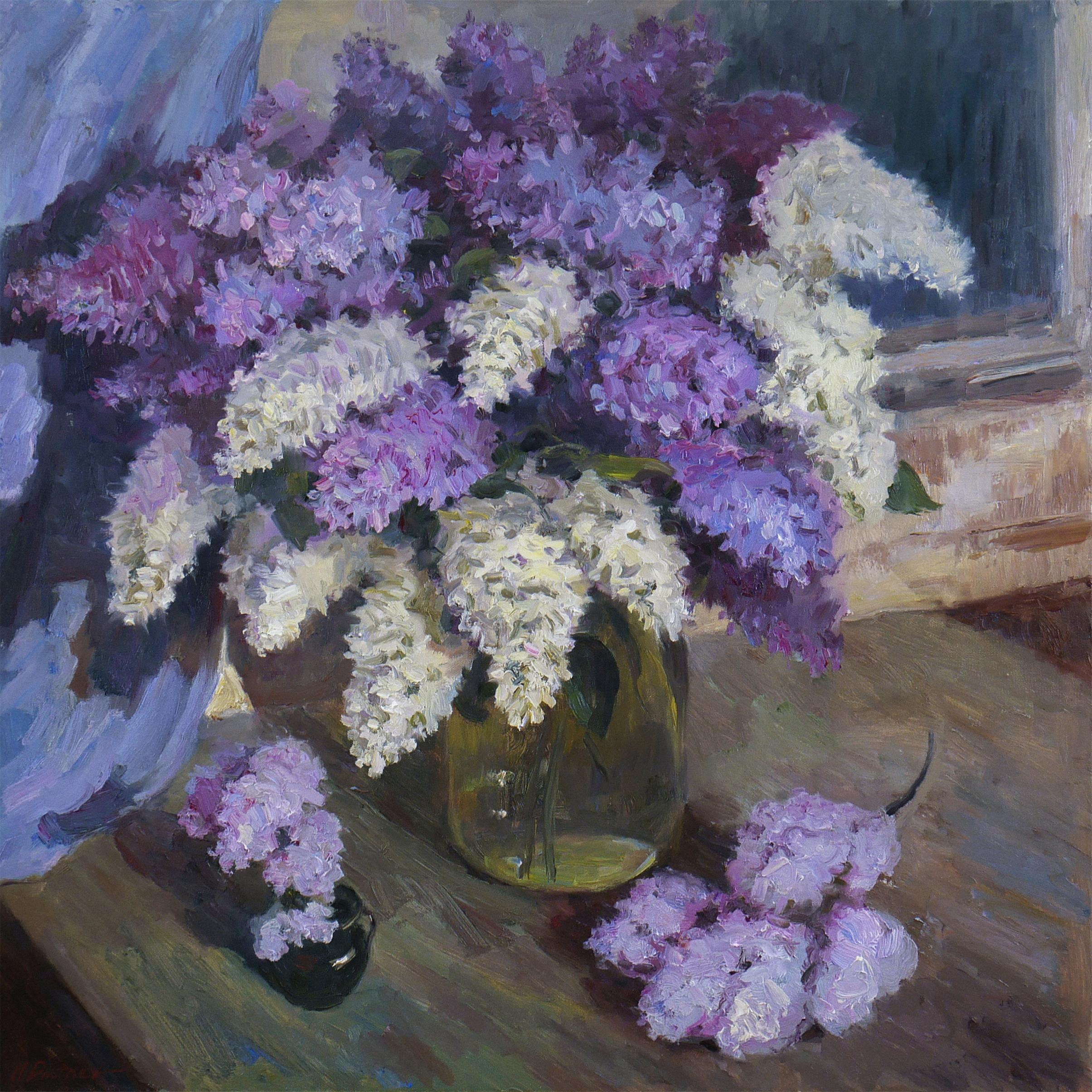 Interior Painting de Nikolay Dmitriev - El Ramo Nocturno De Lilas - pintura de bodegón de lilas