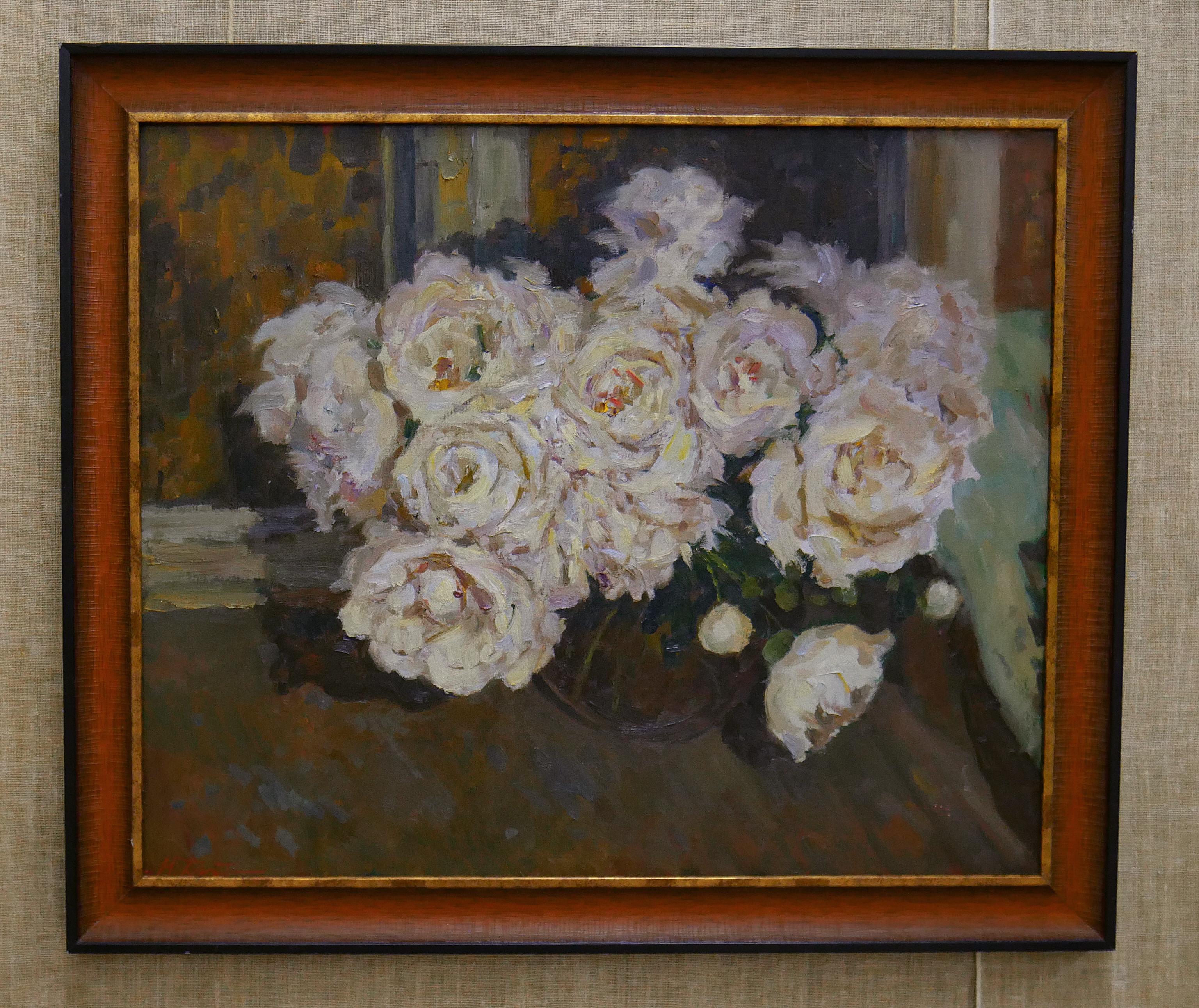 The Peonies Near The Night Window - peonies still life painting For Sale 6
