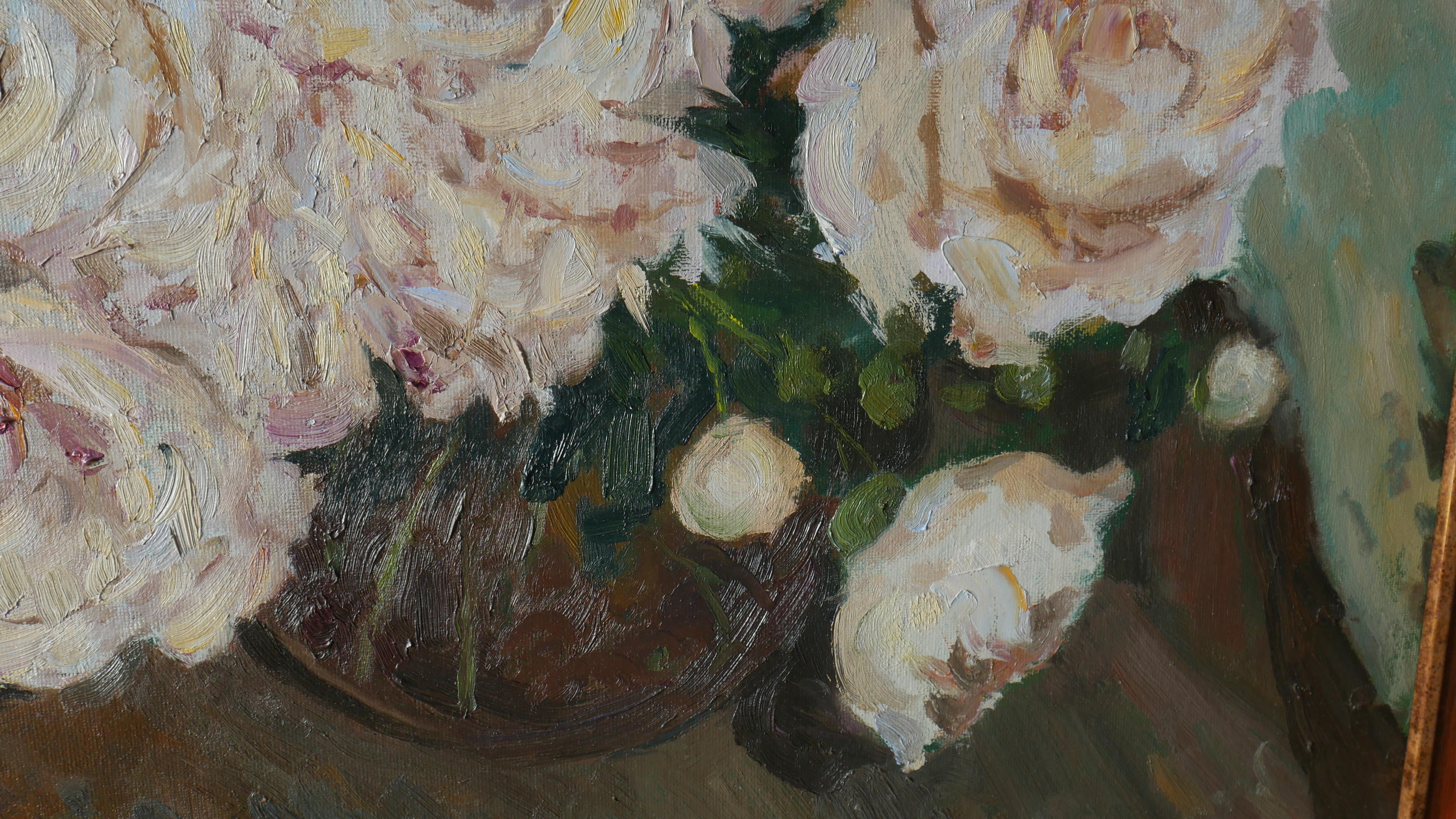 The Peonies Near The Night Window - peonies still life painting For Sale 2