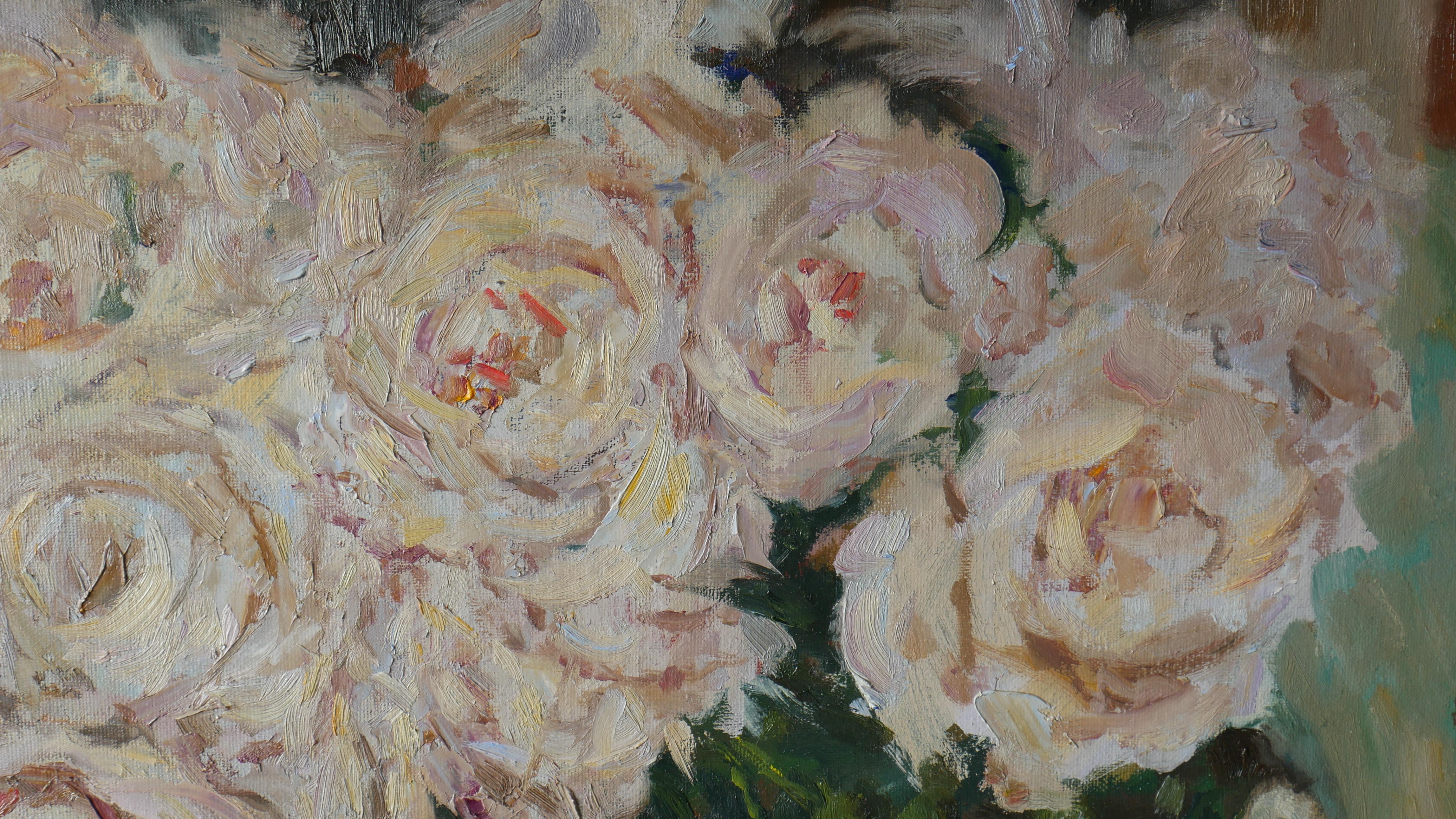 The Peonies Near The Night Window - peonies still life painting For Sale 3