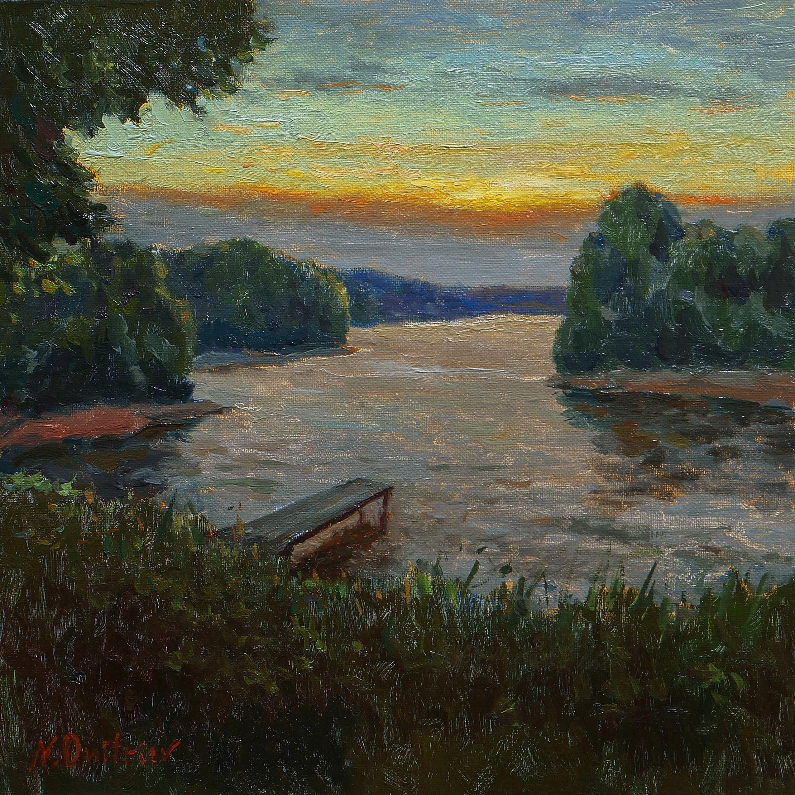 A summer landscape with sunset, a forest lake and a wonderful clouds is a beautiful decoration for any interior. The painting is created en plein-air in one of favourite artist's place. The play of warm and cold shades bewitches and creates a unique