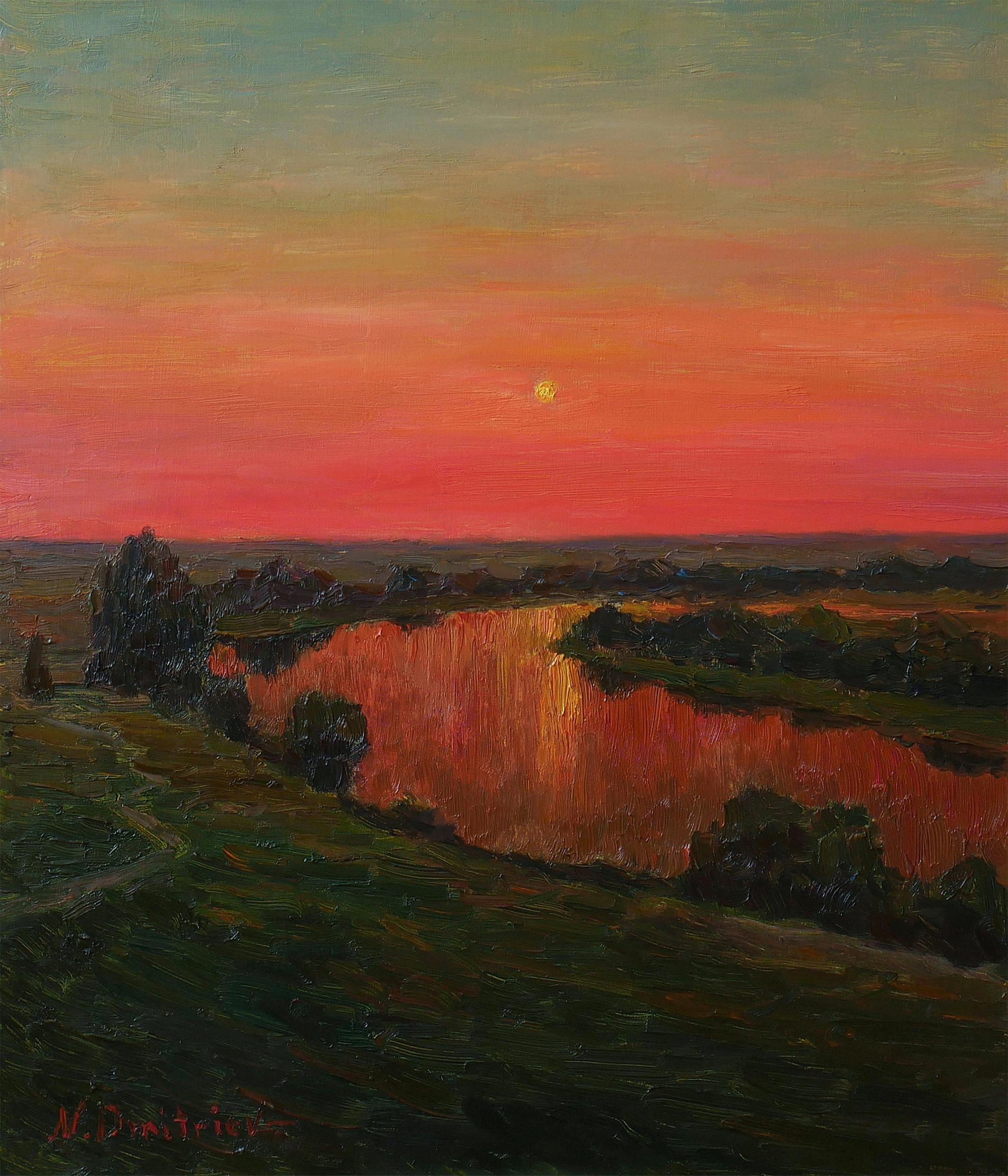 Nikolay Dmitriev Landscape Painting - The Setting Sun - sunset painting
