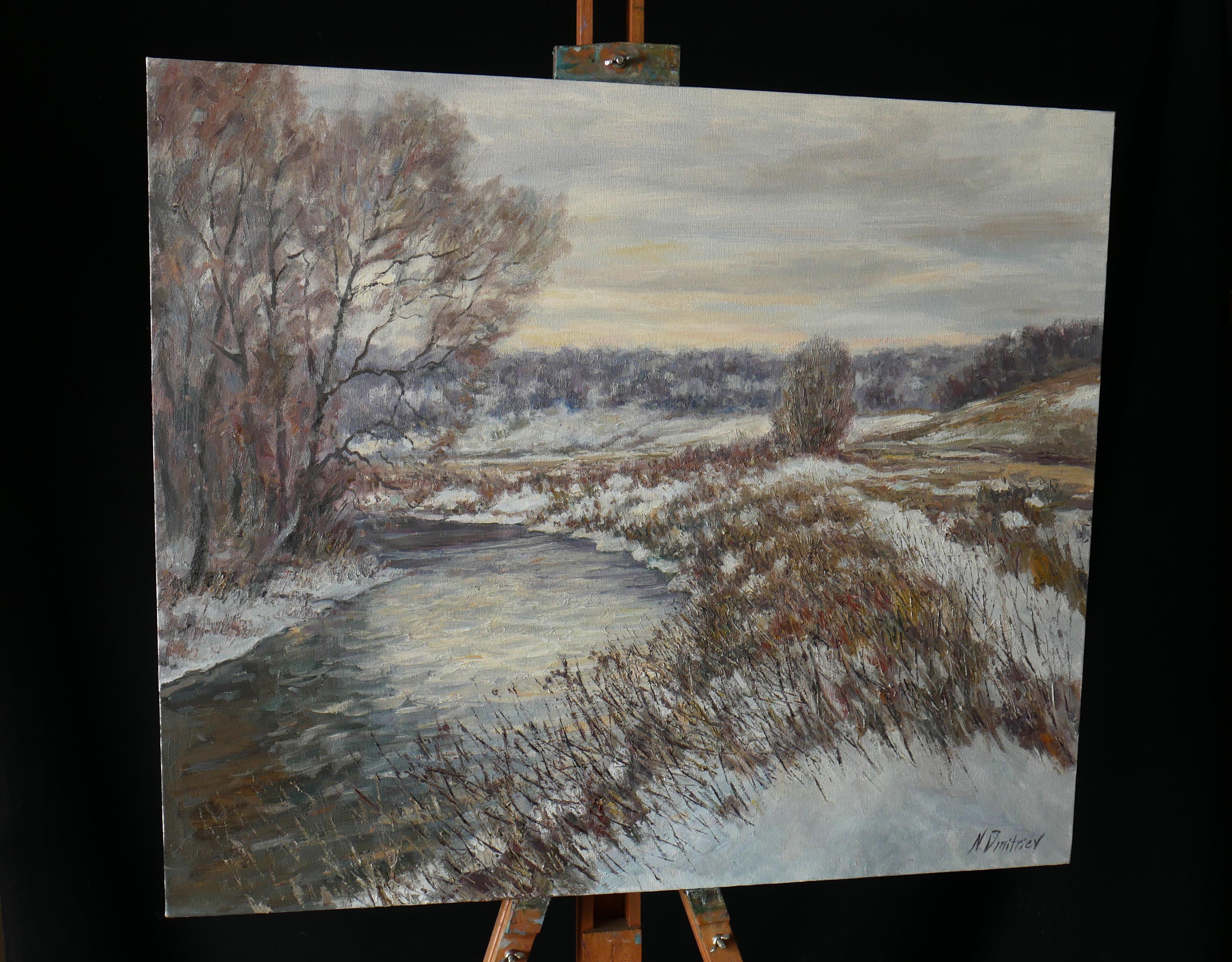 Silberner Wintertag – Flusslandschaftsgemälde (Impressionismus), Painting, von Nikolay Dmitriev
