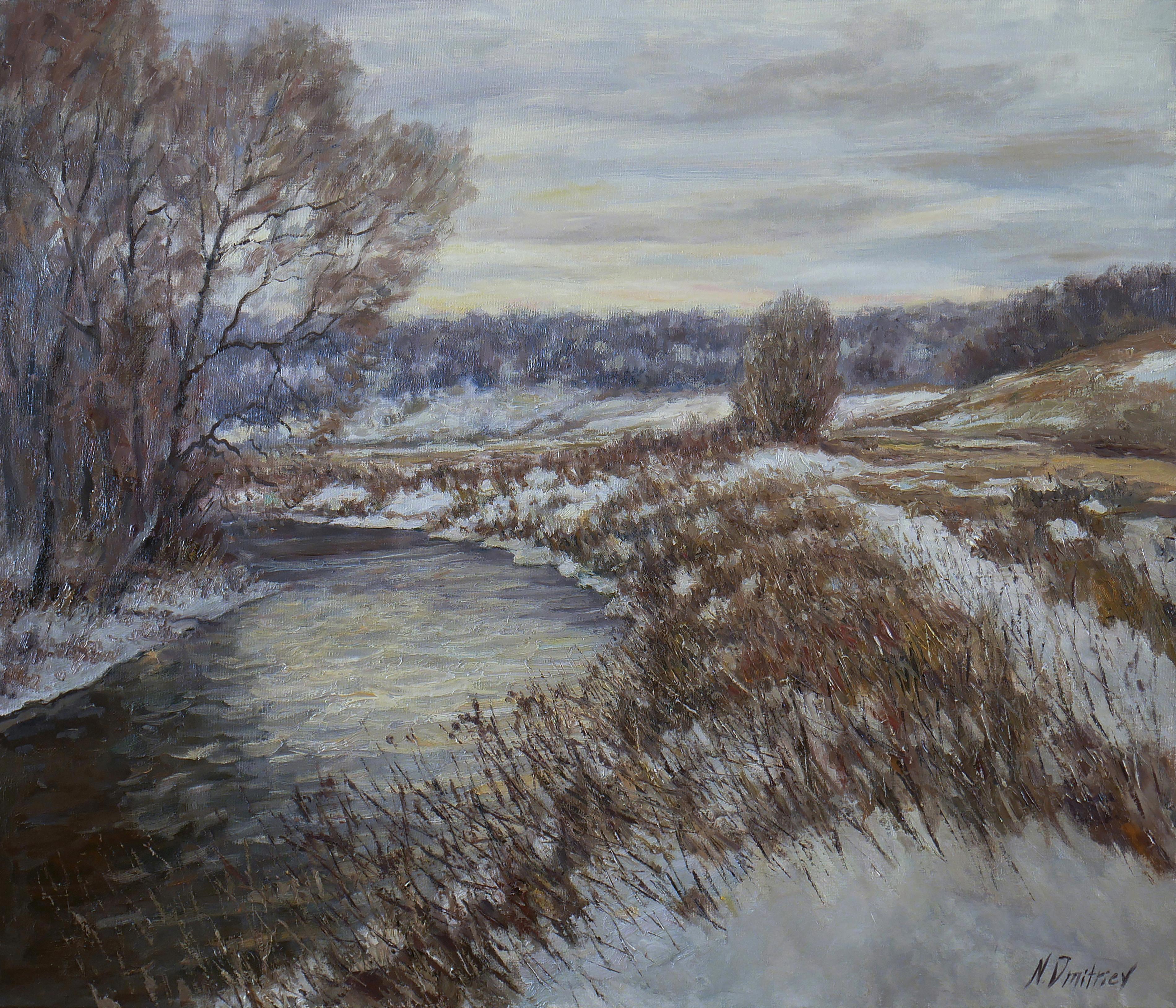Nikolay Dmitriev Interior Painting – Silberner Wintertag – Flusslandschaftsgemälde