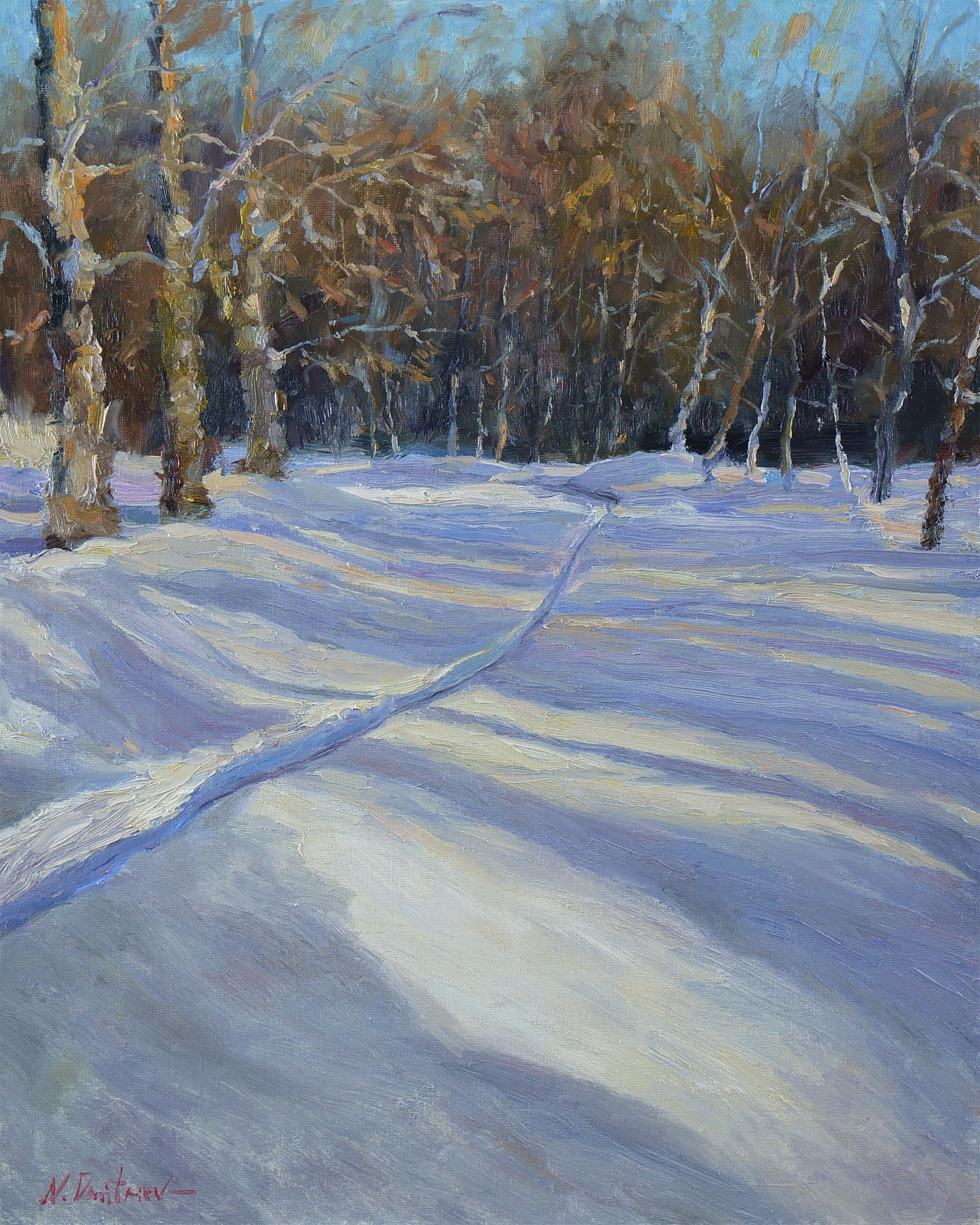 The Snowy Sunny Path - peinture de paysage d'hiver