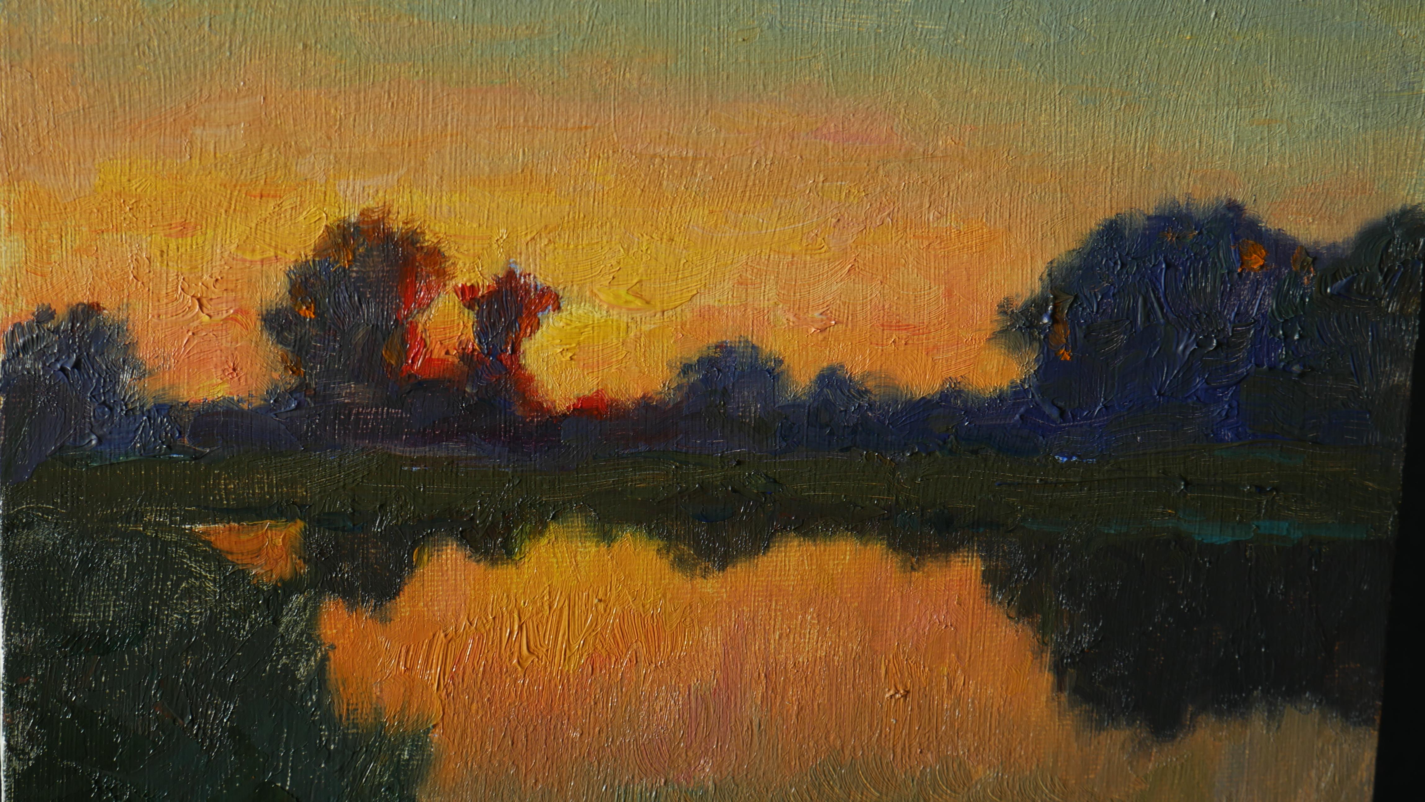 The evening impressionist painting with the pond and the setting Sun is a beautiful wall decor, the painting is full of different colours, combinations of warm and cold shades are professionally captured by the artist. The artwork is created en