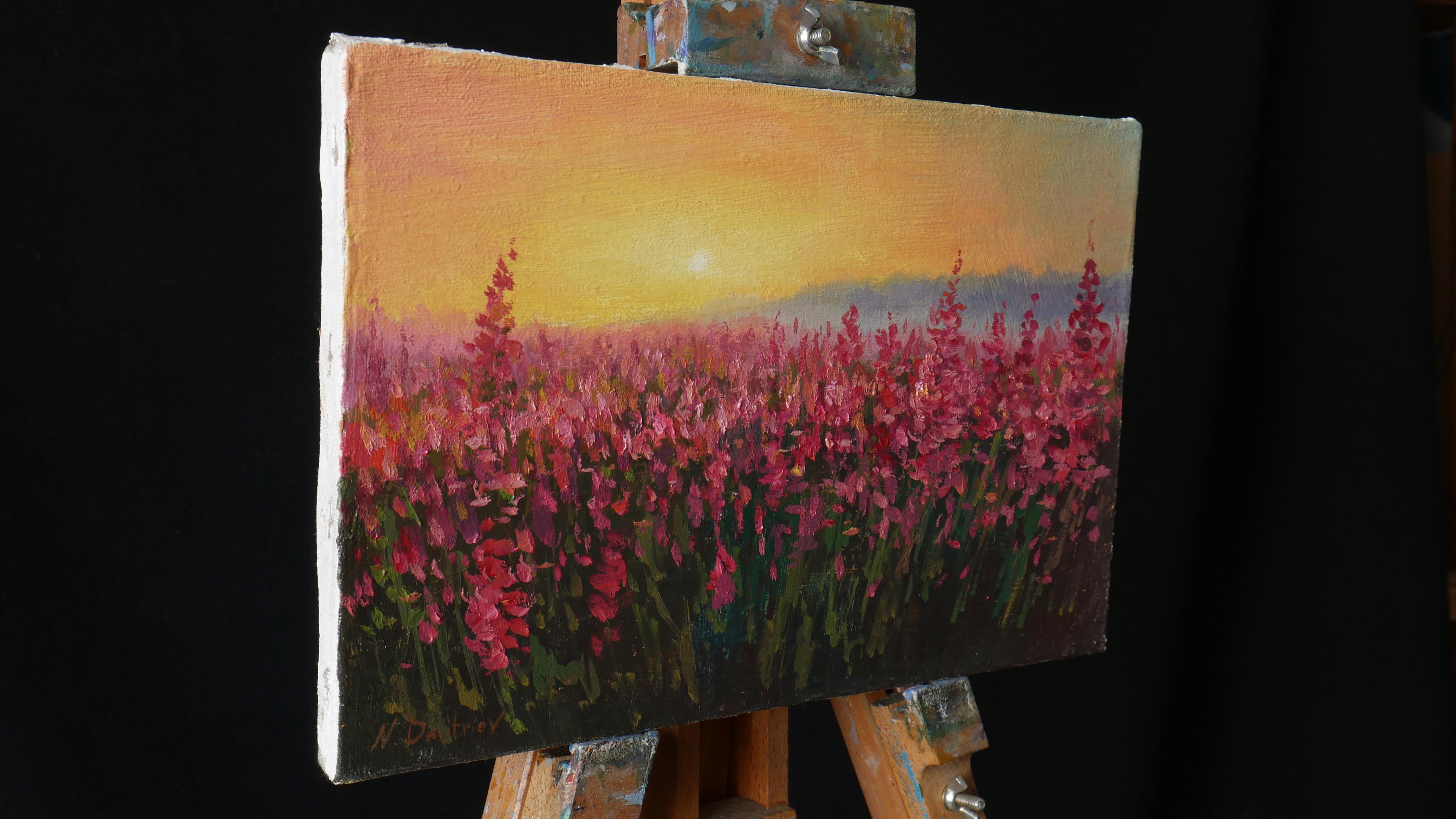 The Sunny Fireweed Field - original summer landscape painting - Painting by Nikolay Dmitriev