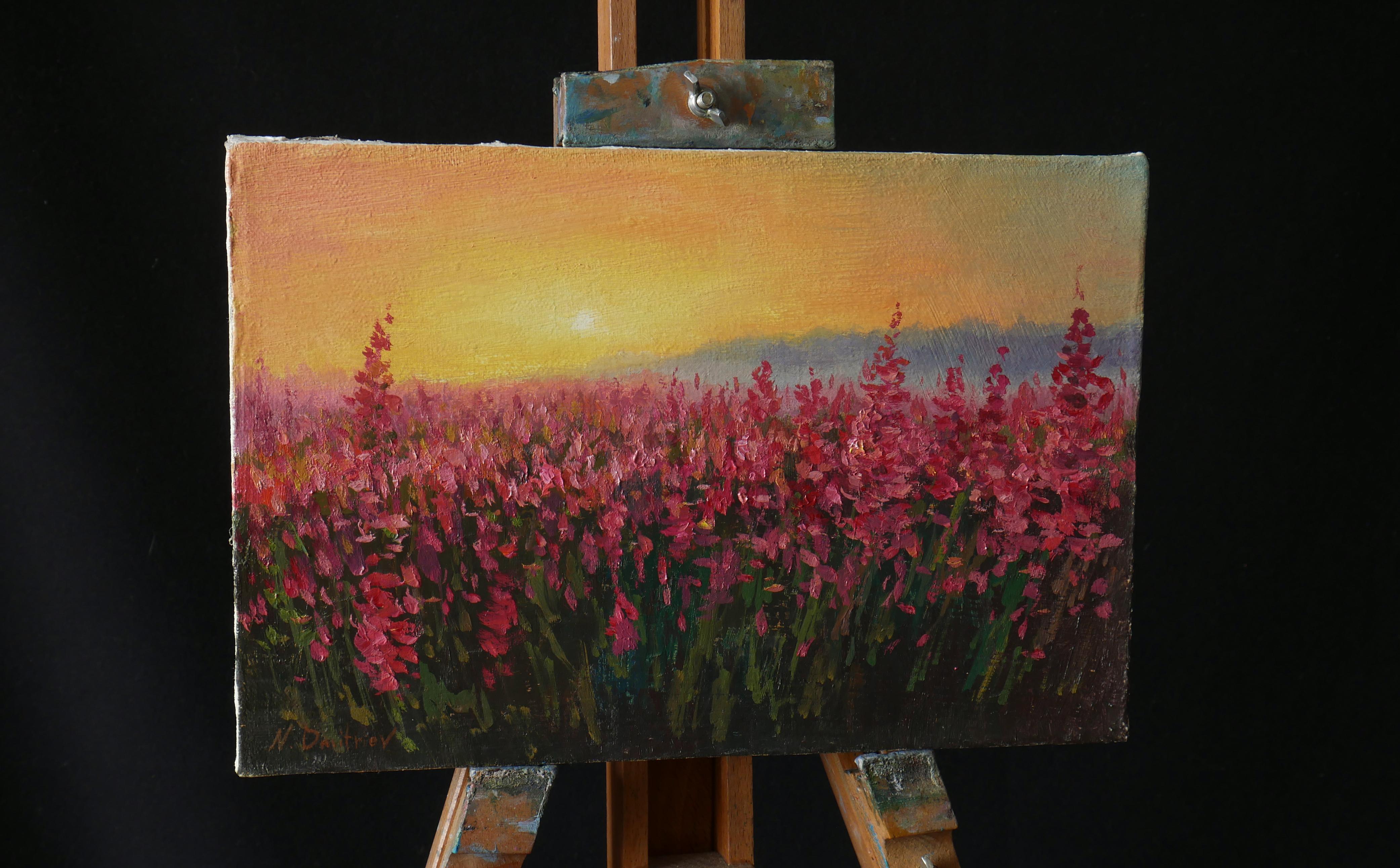 The Sunny Fireweed Field - original summer landscape painting - Impressionist Painting by Nikolay Dmitriev
