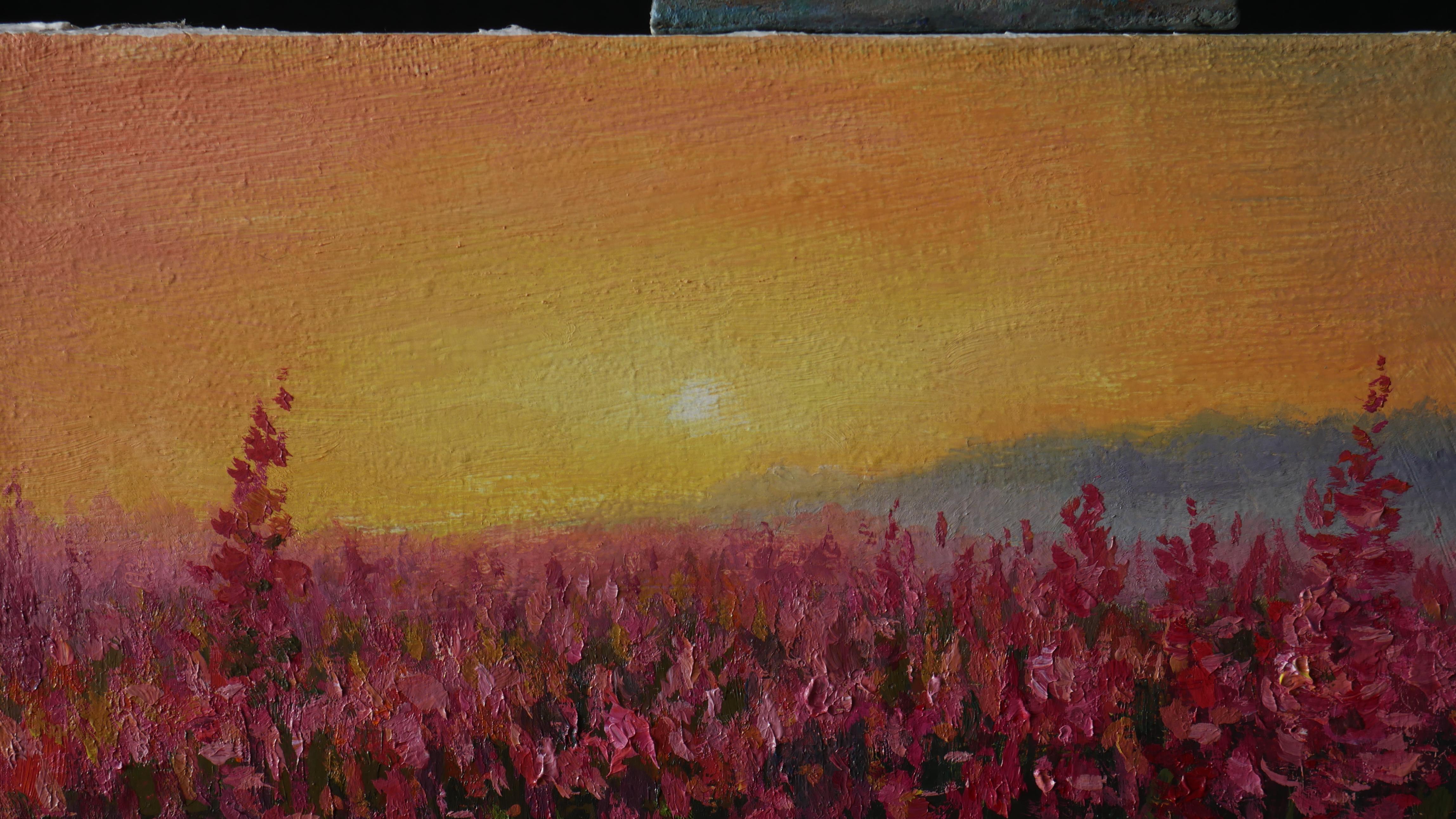 Oil painting is not just a dawn, field and meadow flowers, an artist conveyed his warmest feelings for nature, beautiful purple flowers of fireweed harmoniously complement the summer dawn. The artist is always admired by mornings and evenings.
