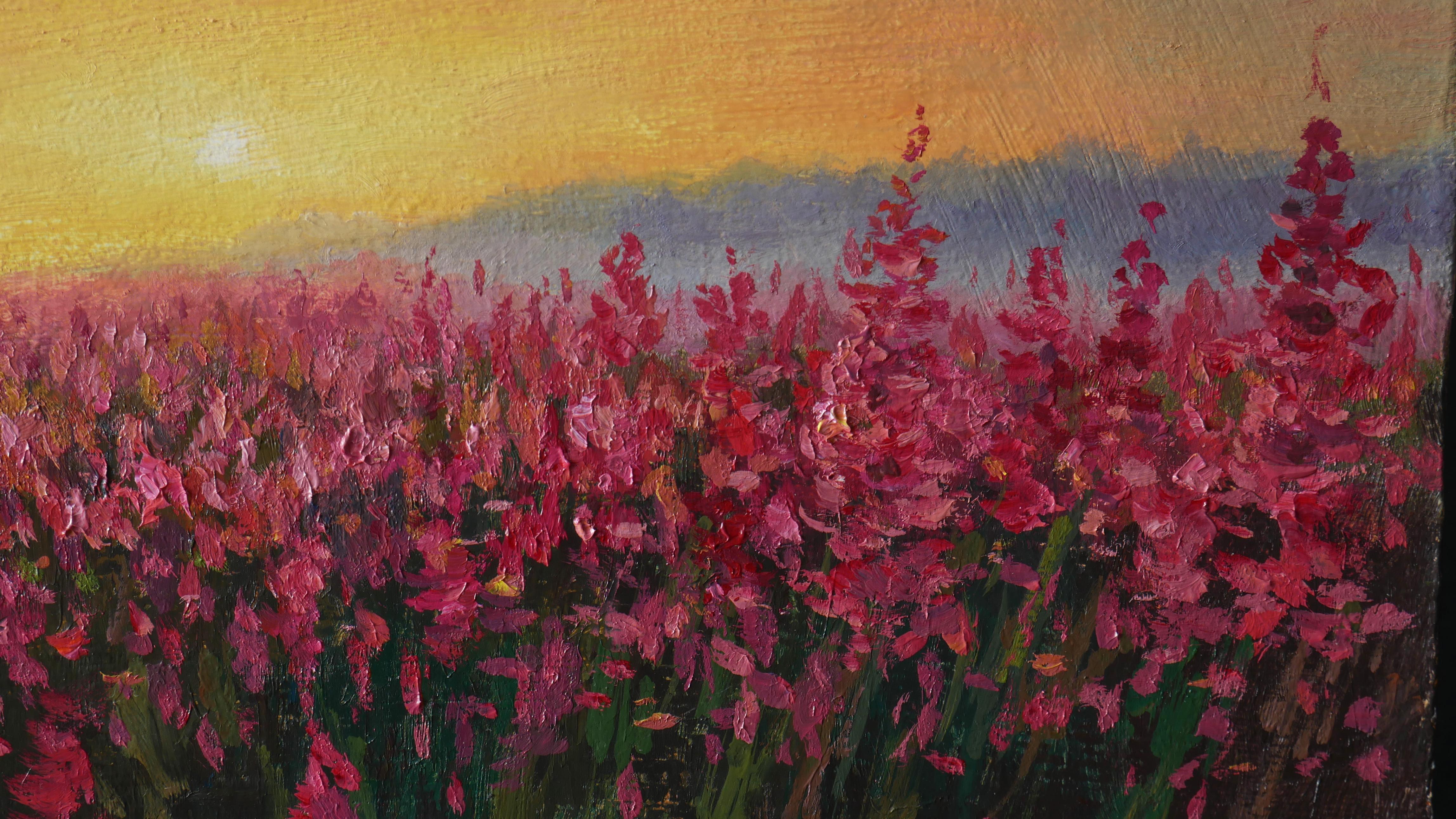 The Sunny Fireweed Field - original summer landscape painting For Sale 1