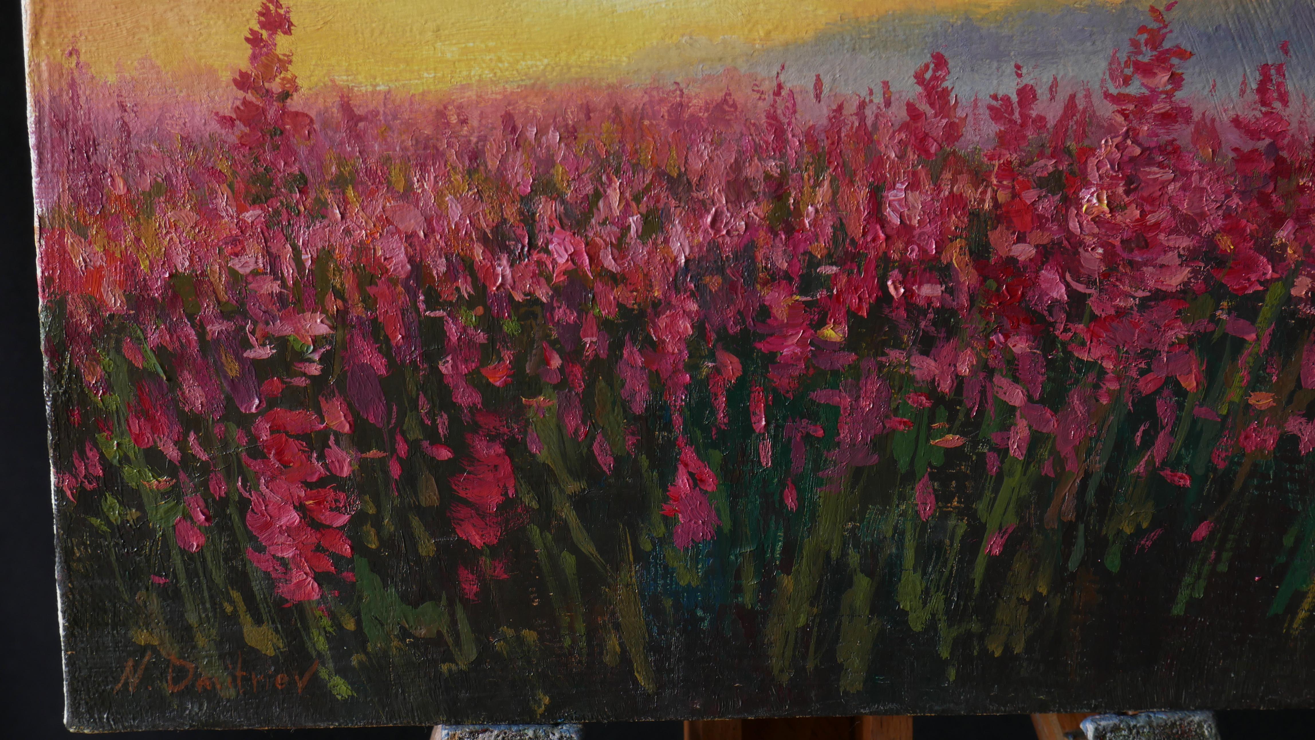The Sunny Fireweed Field - original summer landscape painting For Sale 3
