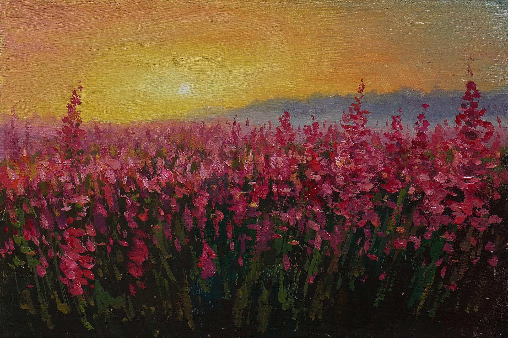 The Sunny Fireweed Field - peinture originale de paysage d'été