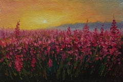 The Sunny Fireweed Field - peinture originale de paysage d'été