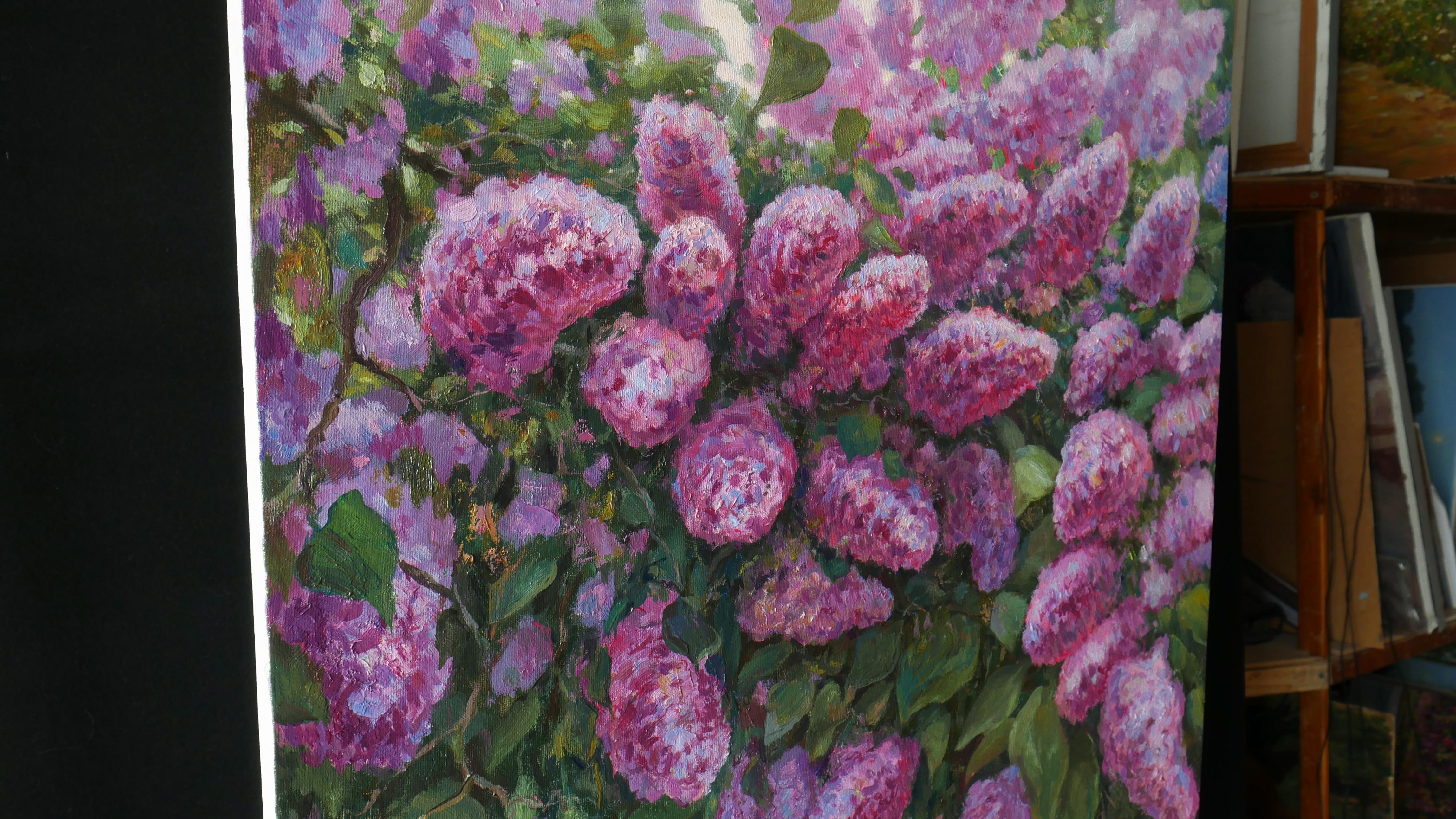 The Sunny Lilac Bush - Gray Landscape Painting by Nikolay Dmitriev