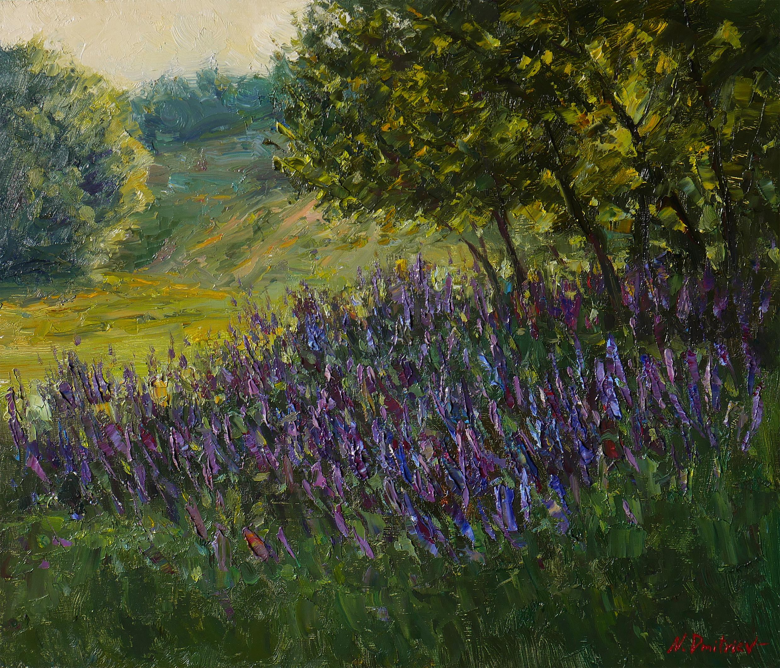 Nikolay Dmitriev Interior Painting – Der sonnige Sommerabend. Sage Blossoms – Sommergemälde
