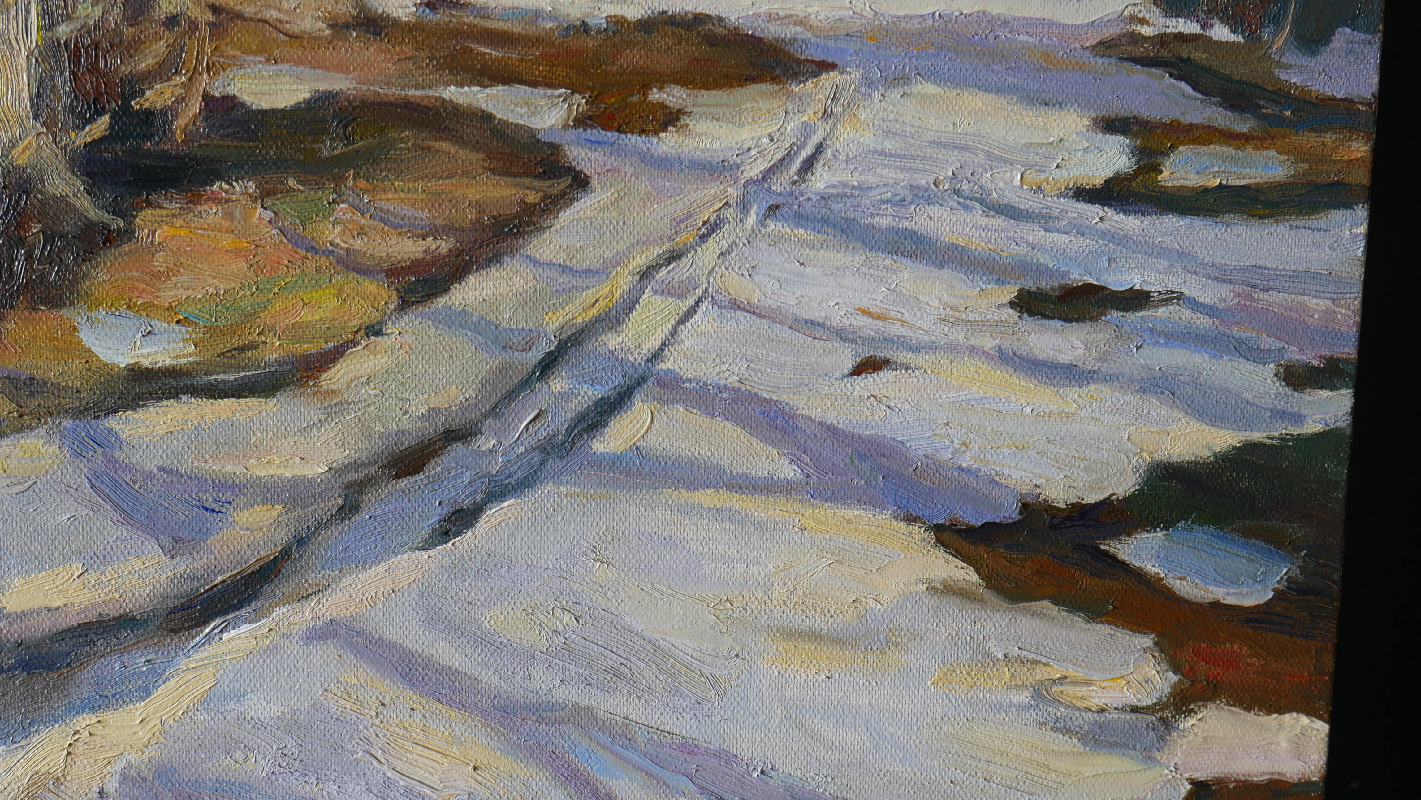 An impressionistic sunny painting with snow, evening sunlight and purple shadows was created un plein air.
The evening spring Sun creates incredible combinations of warm and cold colors on white snow. Nature wakes up after a long winter and prepares