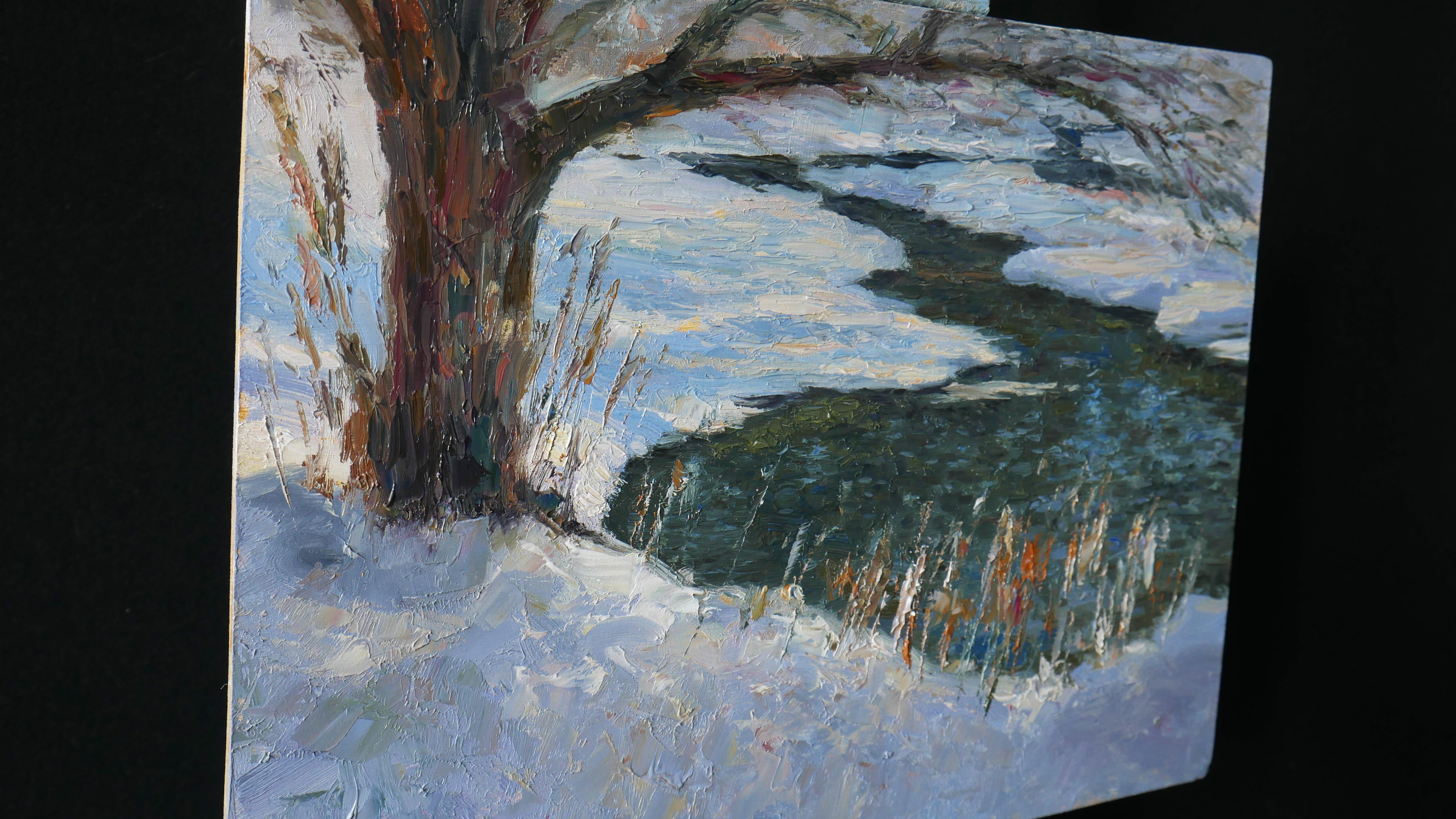 The Winter Backwater - Gray Landscape Painting by Nikolay Dmitriev