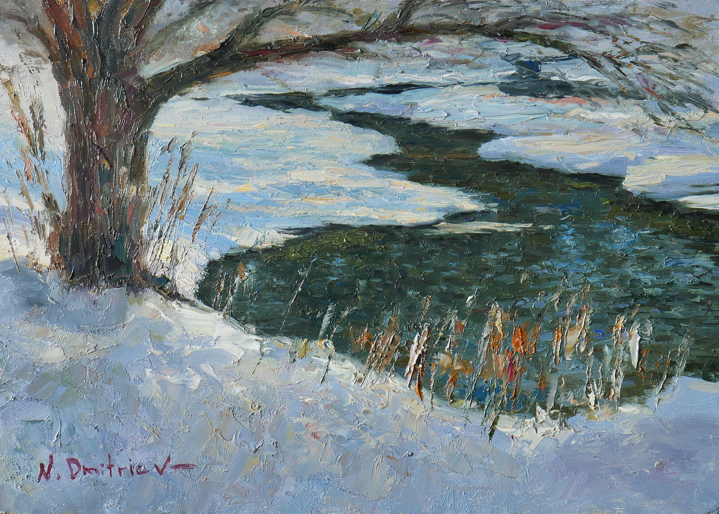 Nikolay Dmitriev Landscape Painting - The Winter Backwater