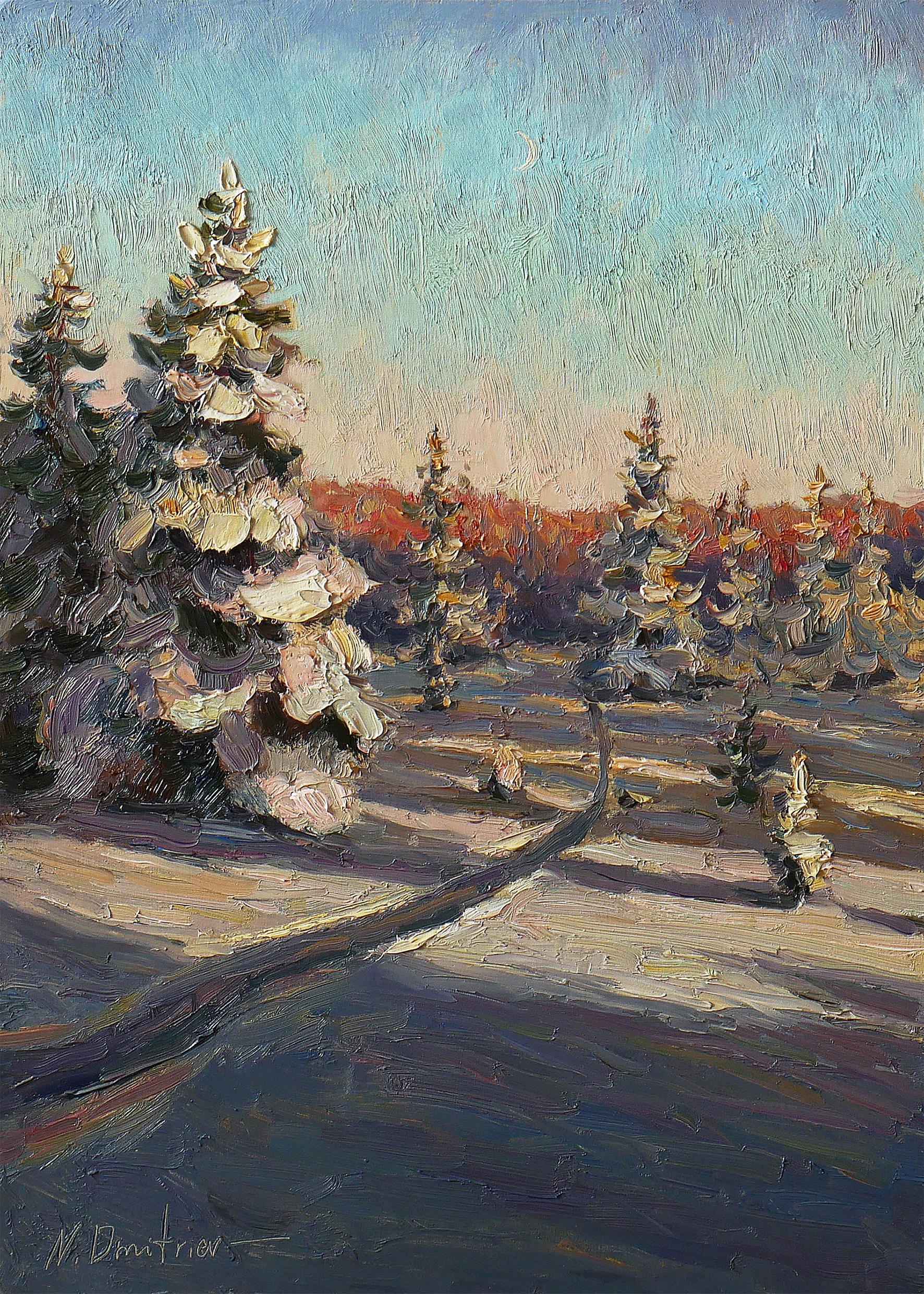 Nikolay Dmitriev Landscape Painting - The Winter Sun - winter landscape painting