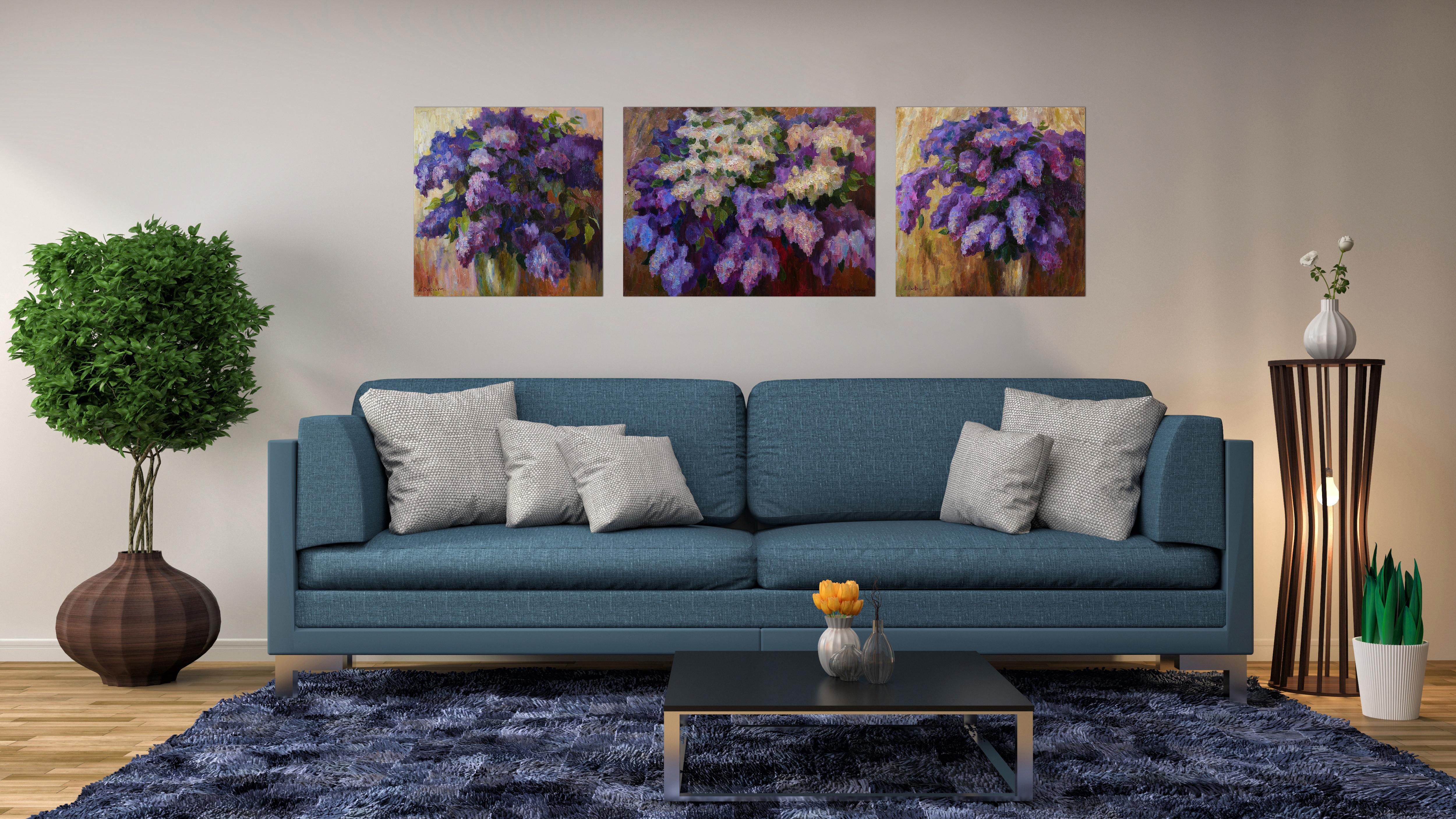 Nikolay Dmitriev Interior Painting - Three Lilacs Paintings - Abstract Floral Triptych